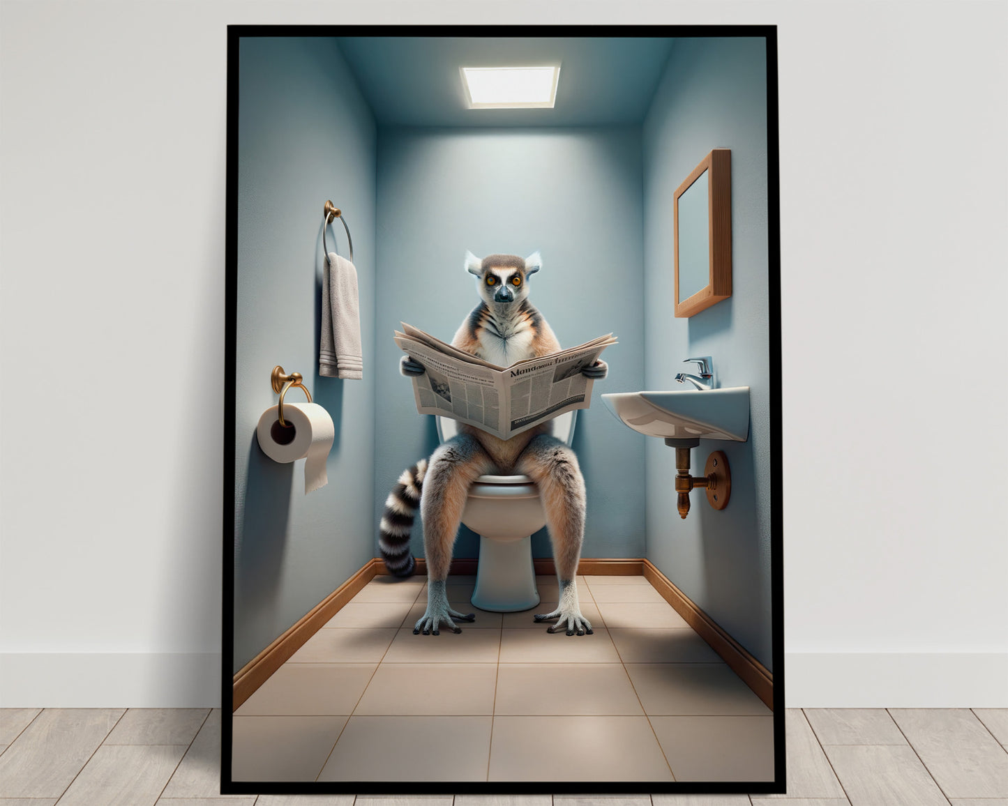 Poster Humour Lémurien sur Toilettes - Décoration Salle de Bain, Cadeau Amusant, Art Mural WC, Idée Déco Originale