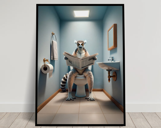 Poster Humour Lémurien sur Toilettes - Décoration Salle de Bain, Cadeau Amusant, Art Mural WC, Idée Déco Originale
