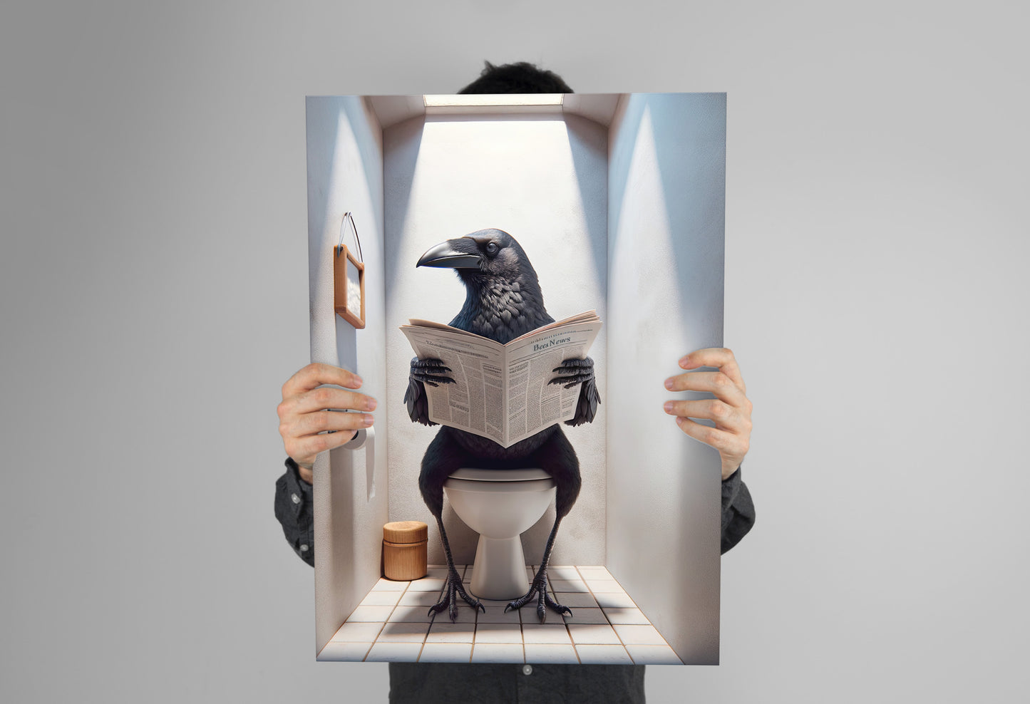 Poster Humour Corneille lisant le journal sur toilettes, Décoration Salle de Bain, Cadeau Amusant, Art Mural WC