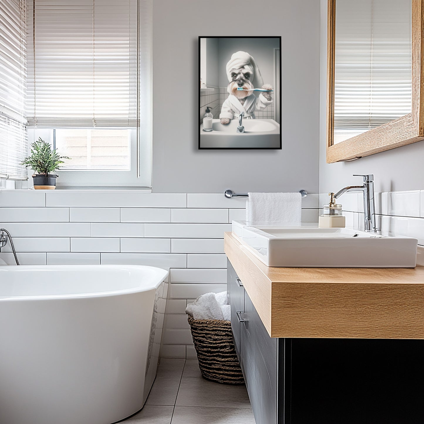 Portrait of a Miniature Schnauzer Brushing Teeth in Bathrobe – Funny Dog Bathroom Decor, Cute Poster, Schnauzer Frame, Gag Gift, Framed art
