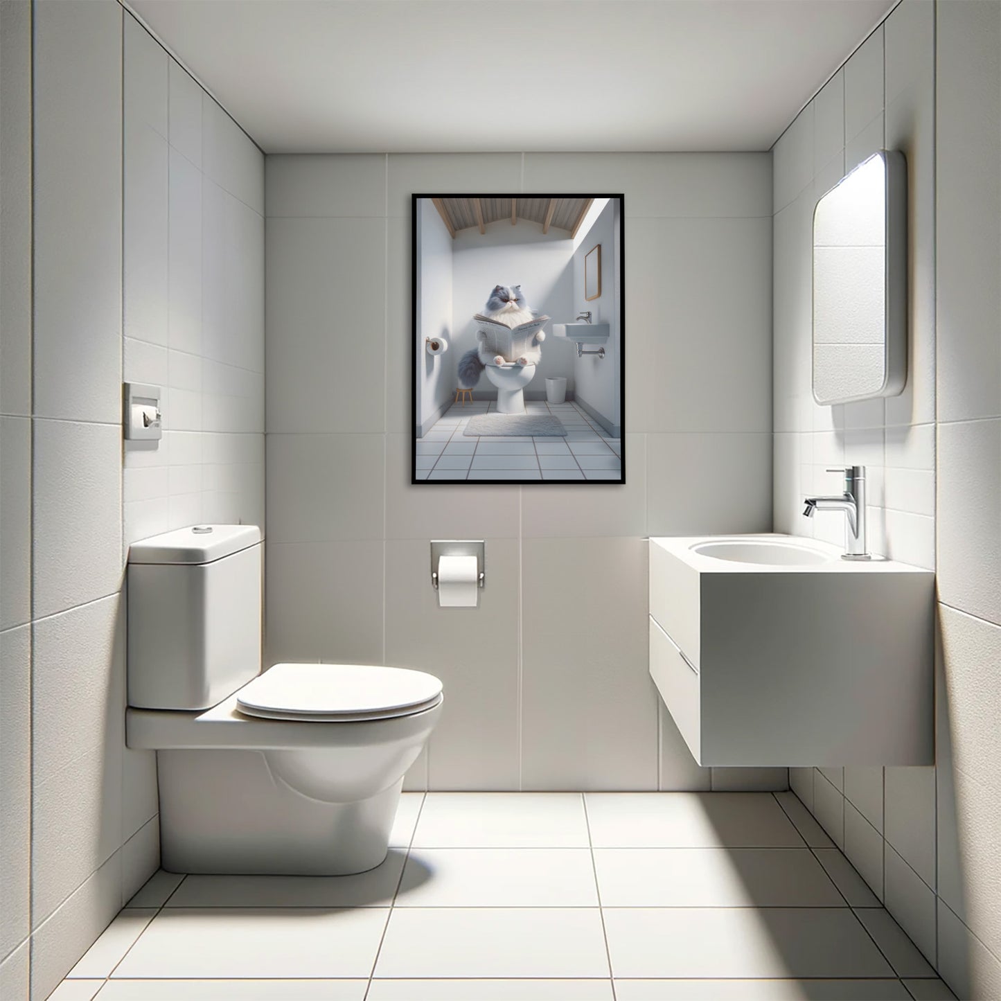 Affiche murale Chat Persan Bleu et Blanc, Lecture Humour Toilettes, Décor WC & Salle de bain, Cadeau Original.