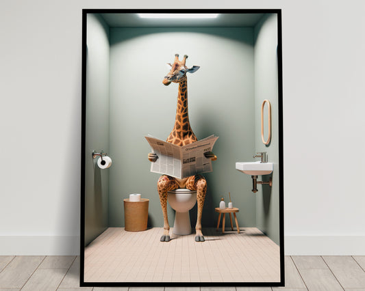 Giraffe Reading Newspaper on Toilet Poster – Funny Bathroom Wall Art & Decor, Unique Gag Gift for WC, Humorous Toilet Print