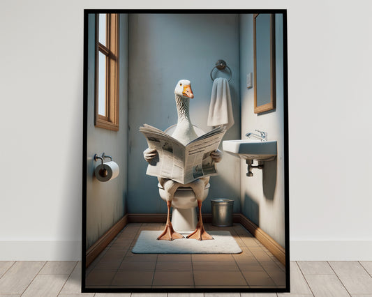 Poster Humour WC : Oie lisant le journal sur toilettes, Décoration Salle de Bain, Cadre Fun, Idée Cadeau Originale