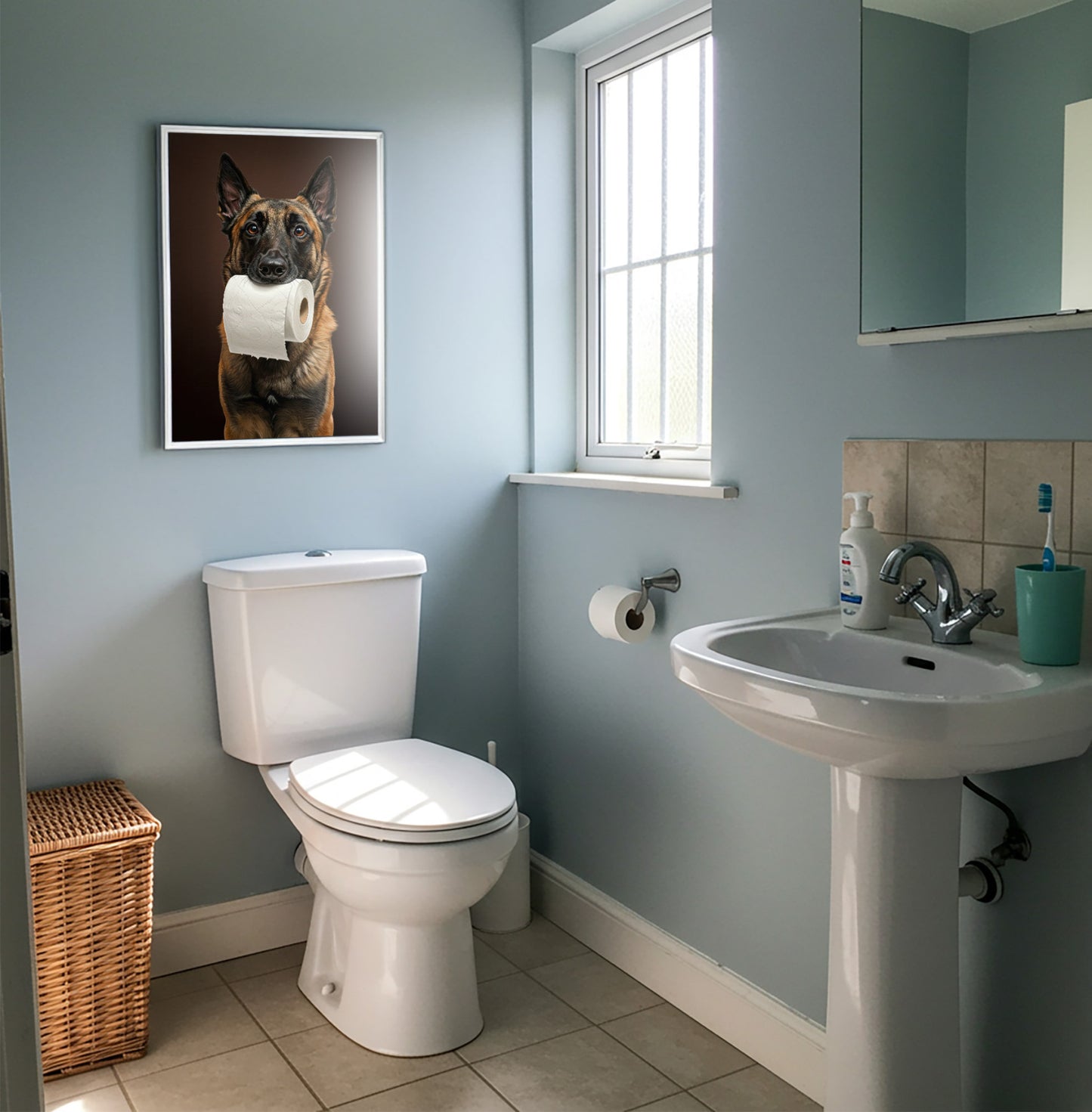 Malinois mordant un rouleau de papier toilette, Humour Toilettes, Poster WC, Cadeau Malinois, Affiche encadrée, Poster chien