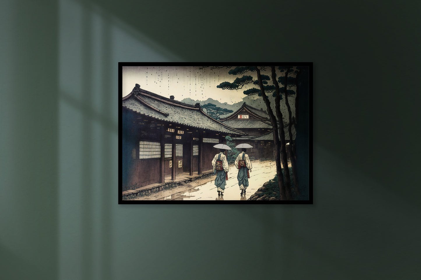 Japanese Village Wall Poster in the Rain – Japanese Art Style Illustration, Rainy Japan Poster for Framing, Home Decor
