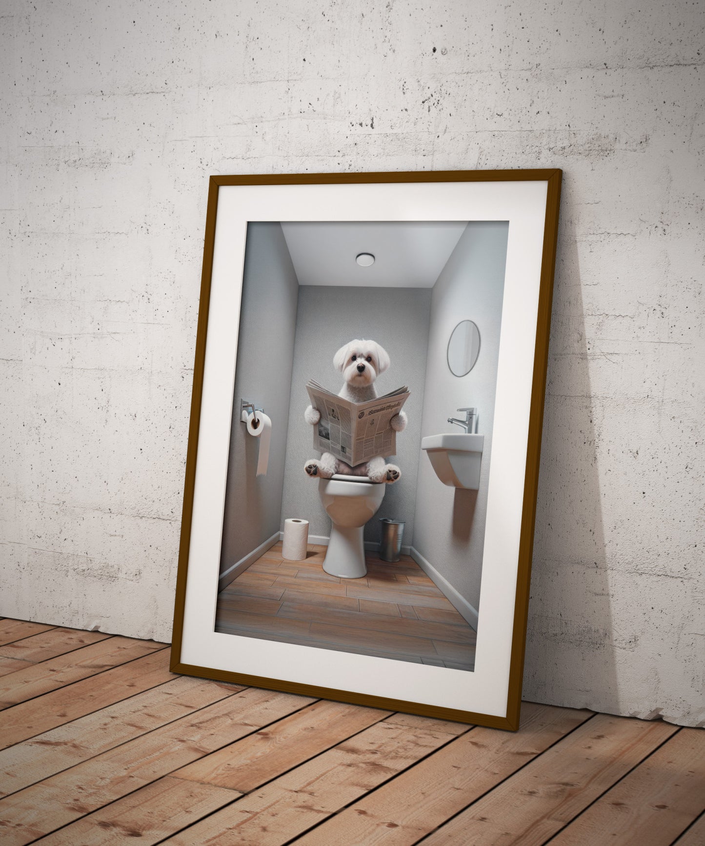 Poster Humour Bichon Maltais lisant le journal, Décoration WC, Salle de bain, Cadeau Amusant, Art Mural