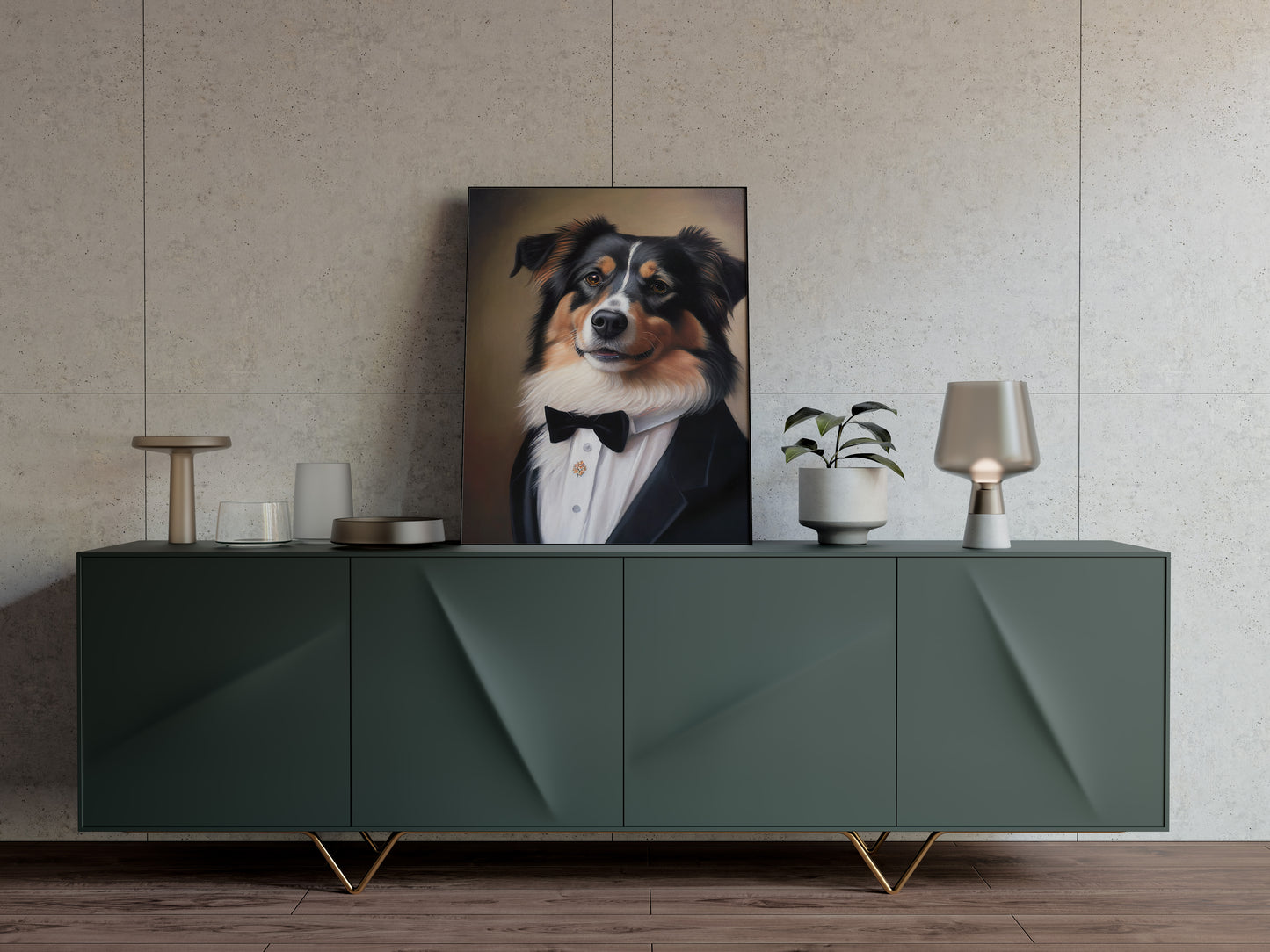 Poster Chien Chic - Portrait Berger Australien en Smoking, Tableau Humour, Décoration Murale