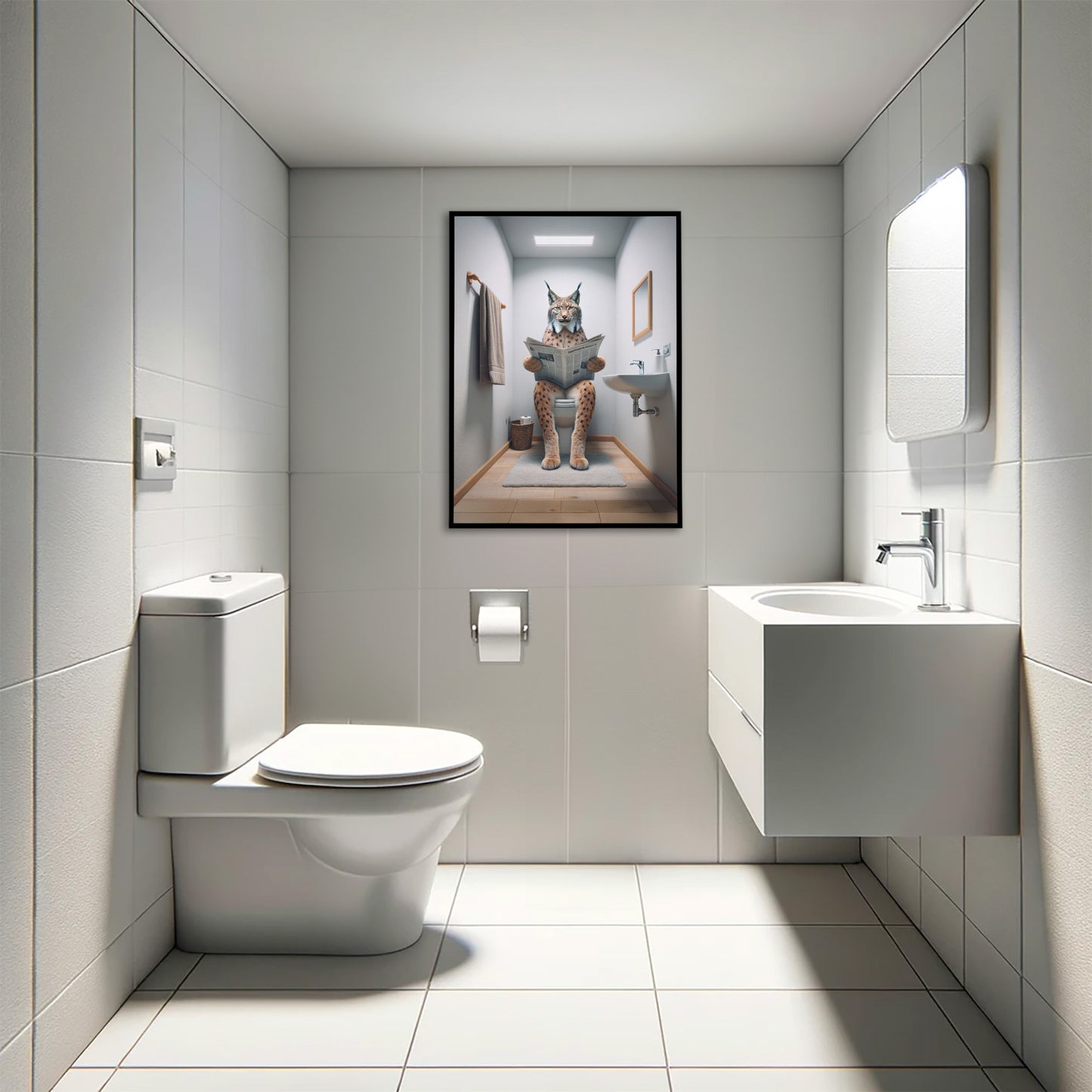 Lynx Reading Newspaper Toilet Poster - Funny Bathroom Wall Art Decor - Unique Gag Gift Print for WC
