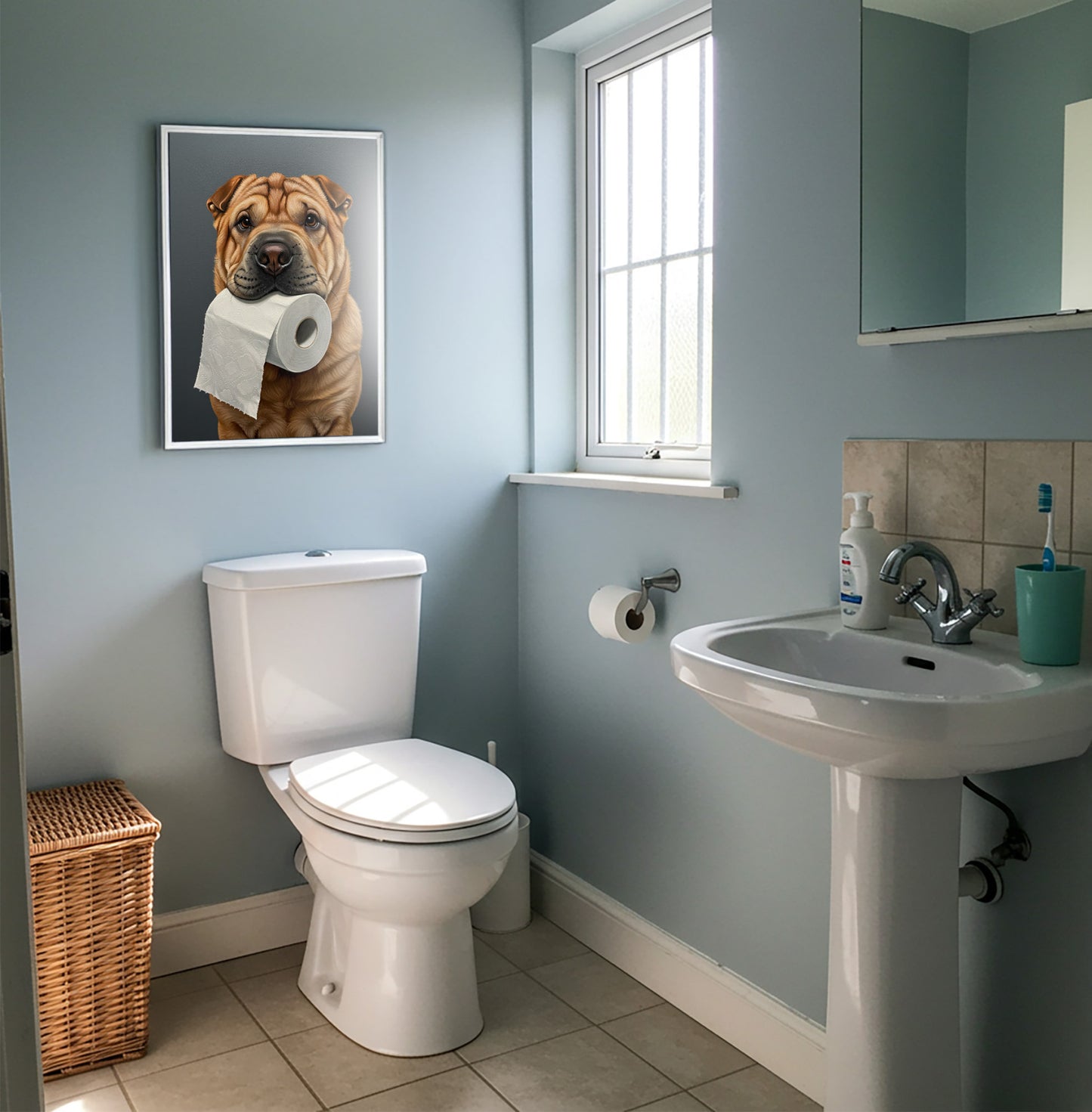 Shar Pei with toilet paper roll in mouth, Toilet Humor, Shar Pei Gifts, Bathroom Print, Dog Lover Gift, WC Wall Art, Framed Print