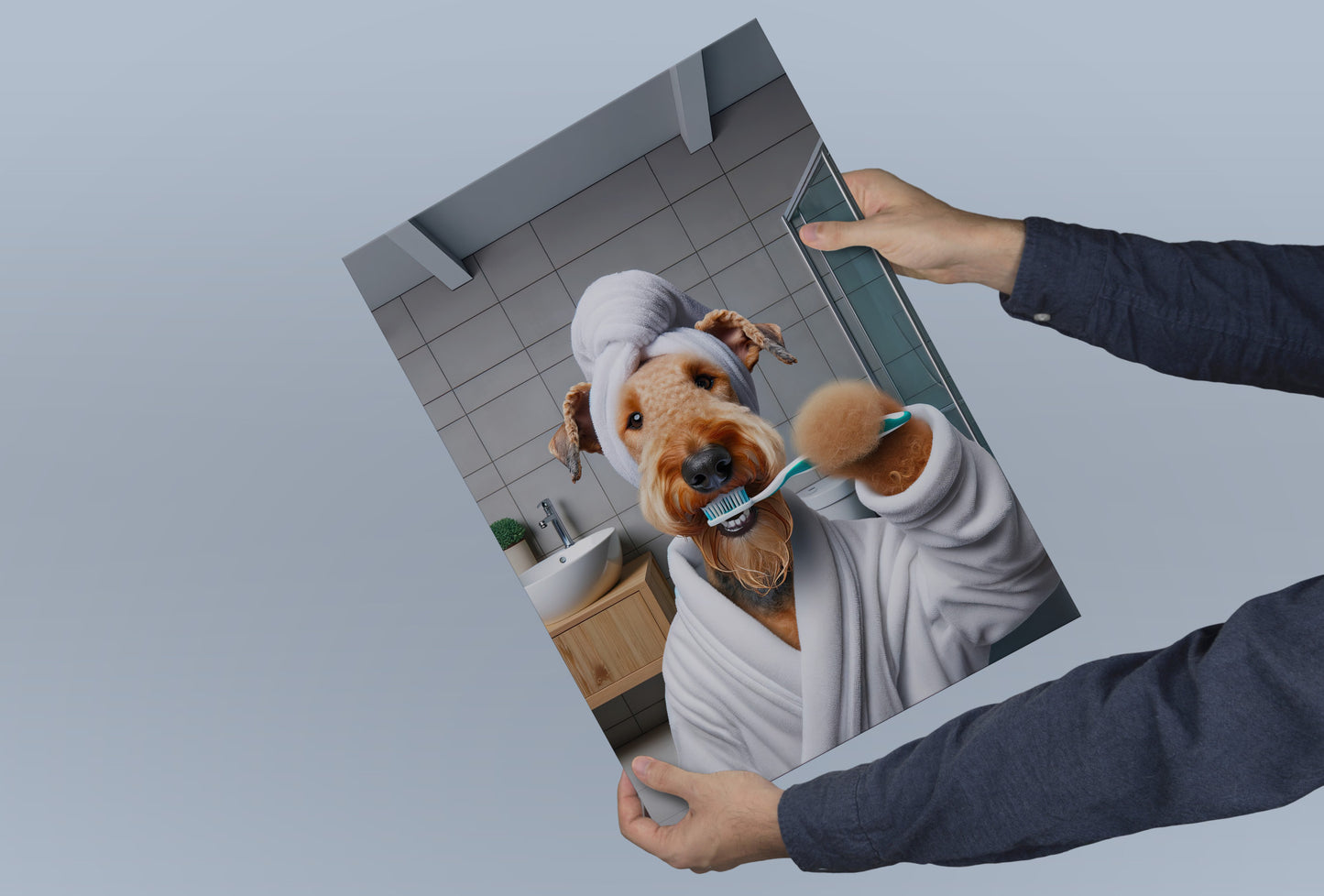 Portrait of a Airedale Brushing Teeth in Bathrobe – Funny Dog Bathroom Decor, Cute Poster, Airedale Print, Beagle Gift, Framed art