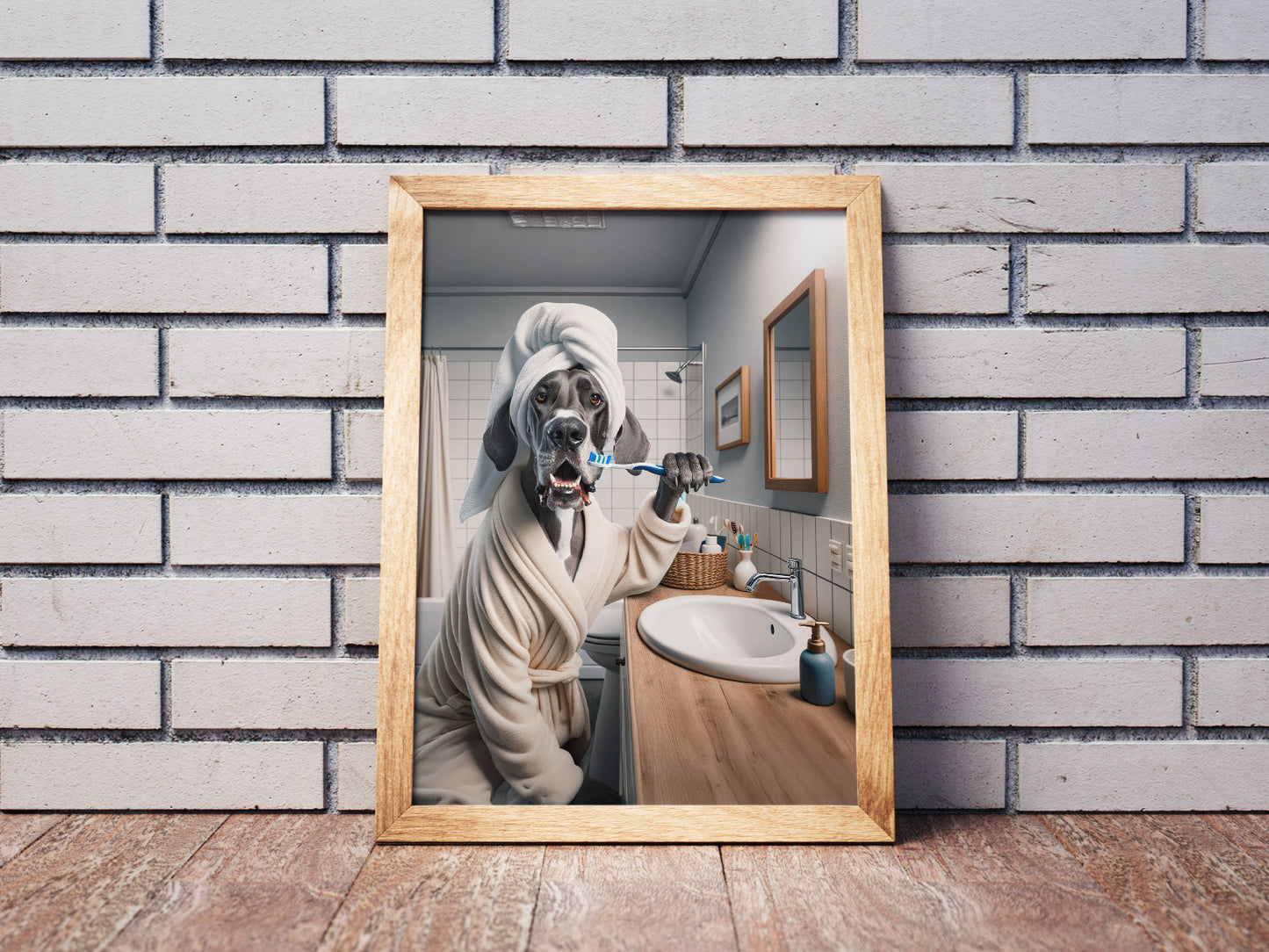Portrait of a Great Dane Brushing Teeth in Bathrobe – Funny Dog Bathroom Decor, Cute Poster, Great Dane Print, Great Dane Gift, Framed art
