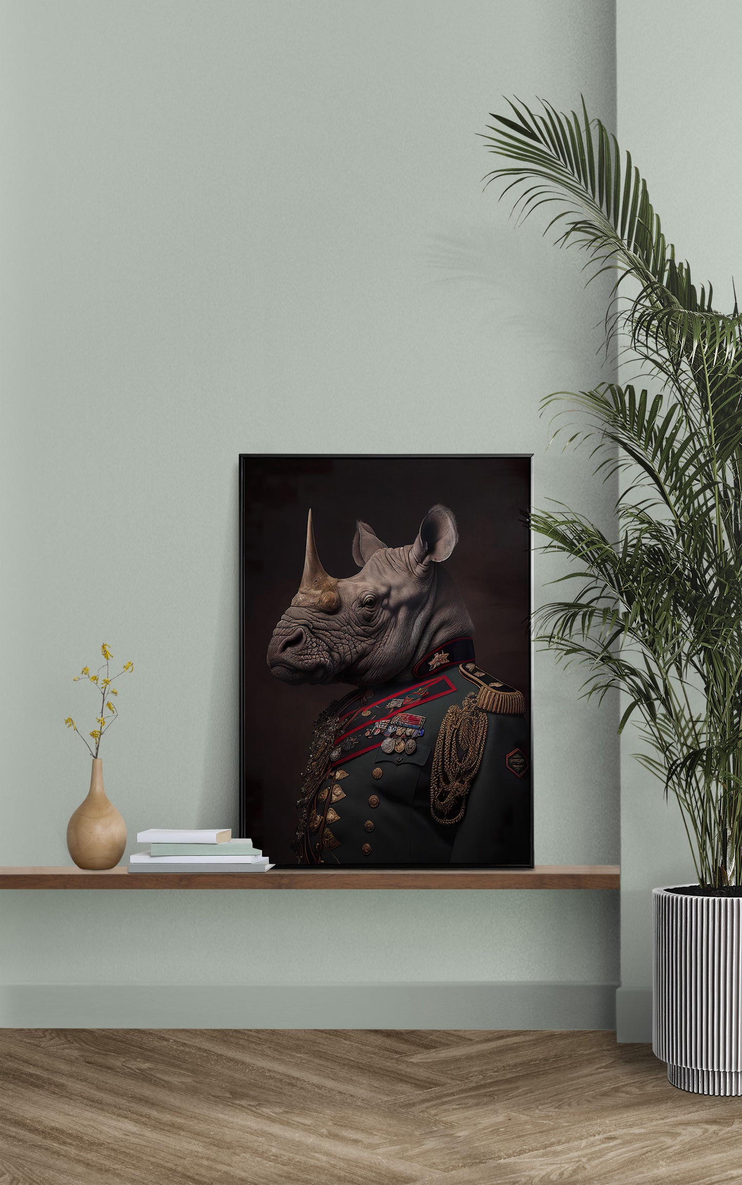 Rhino in Military Uniform Poster - Unique Animal Wall Art for Decoration, Rhinoceros Wall Poster for Framing