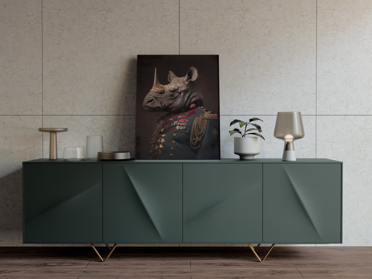 Rhino in Military Uniform Poster - Unique Animal Wall Art for Decoration, Rhinoceros Wall Poster for Framing