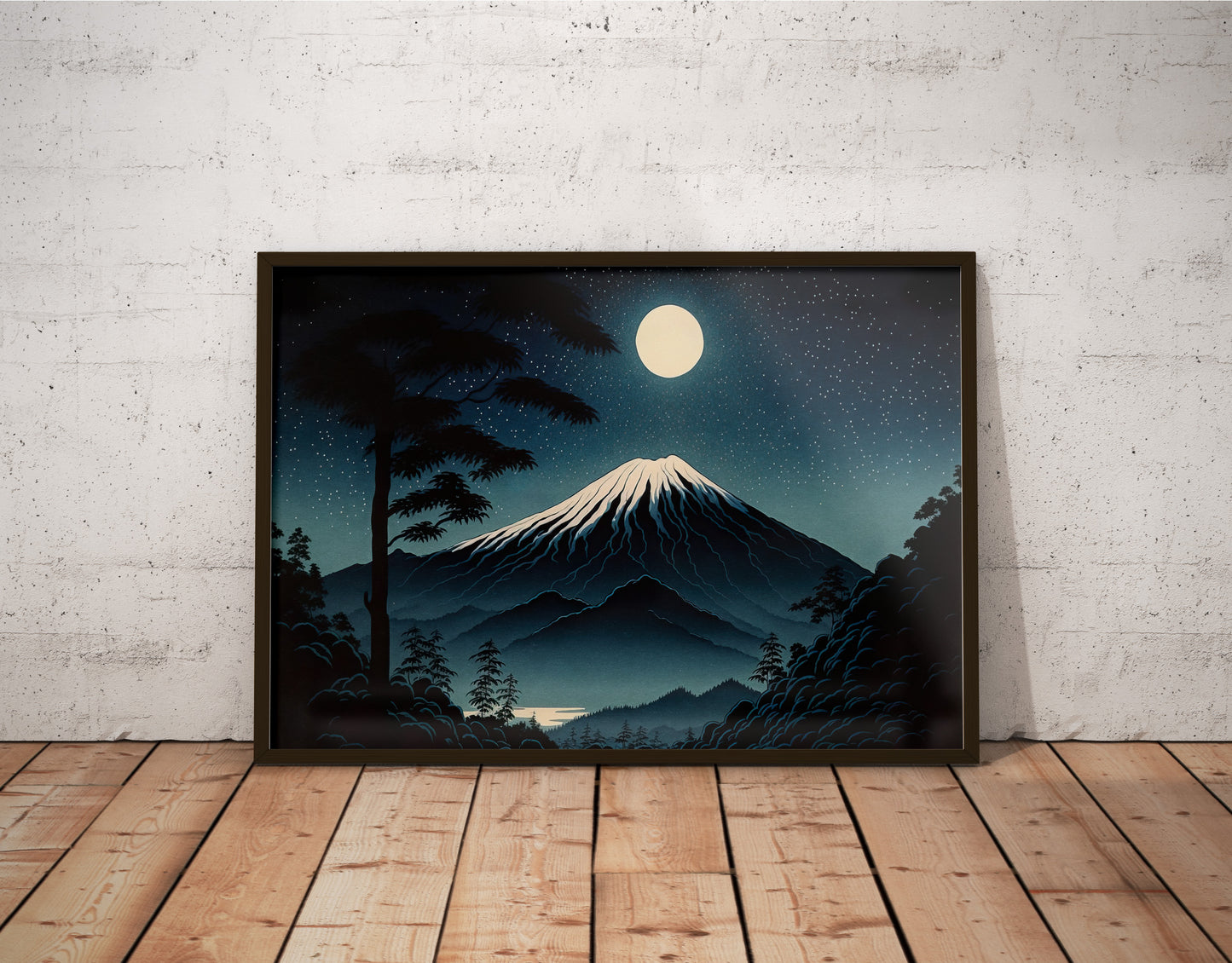 Mount Fuji Poster Under Full Moon - Japanese Art Style Illustration, Fujisan Landscape Wall Decor, Frameable Artwork