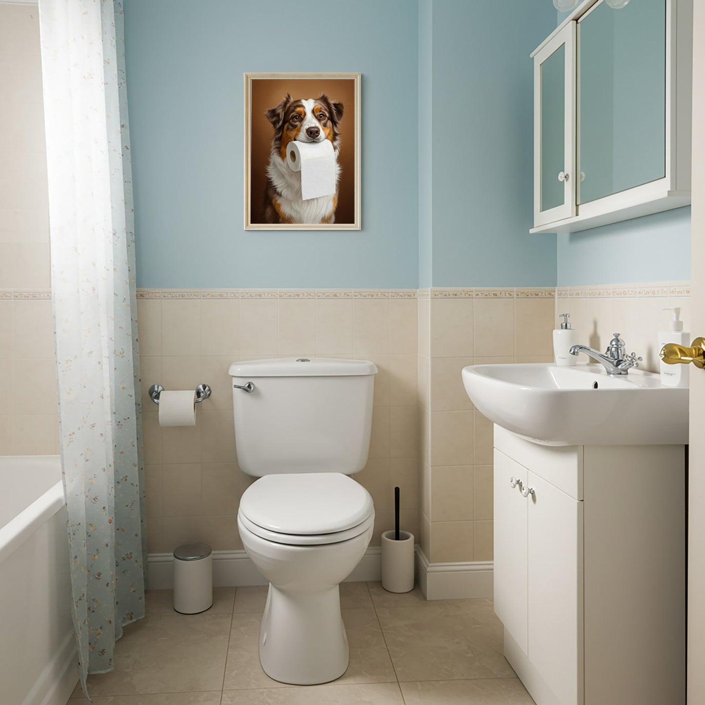Berger australien mordant un rouleau de papier toilette, Humour Toilettes, WC, Cadeau Berger australien, Affiche encadrée, Poster chien