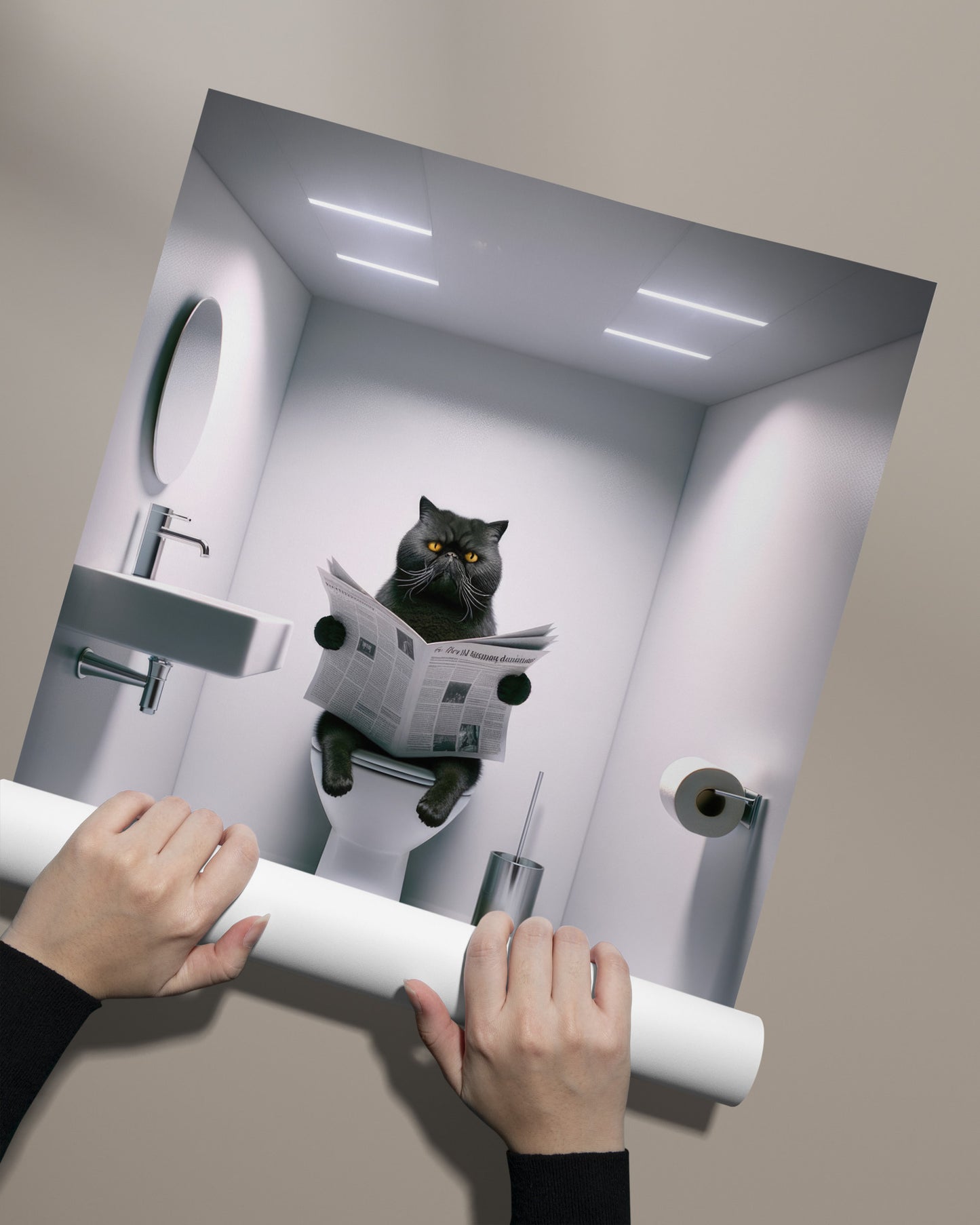 Affiche murale Chat Exotic Shorthair Noir drôle lisant sur les toilettes - Déco WC & Salle de Bain, Cadeau Original Chat