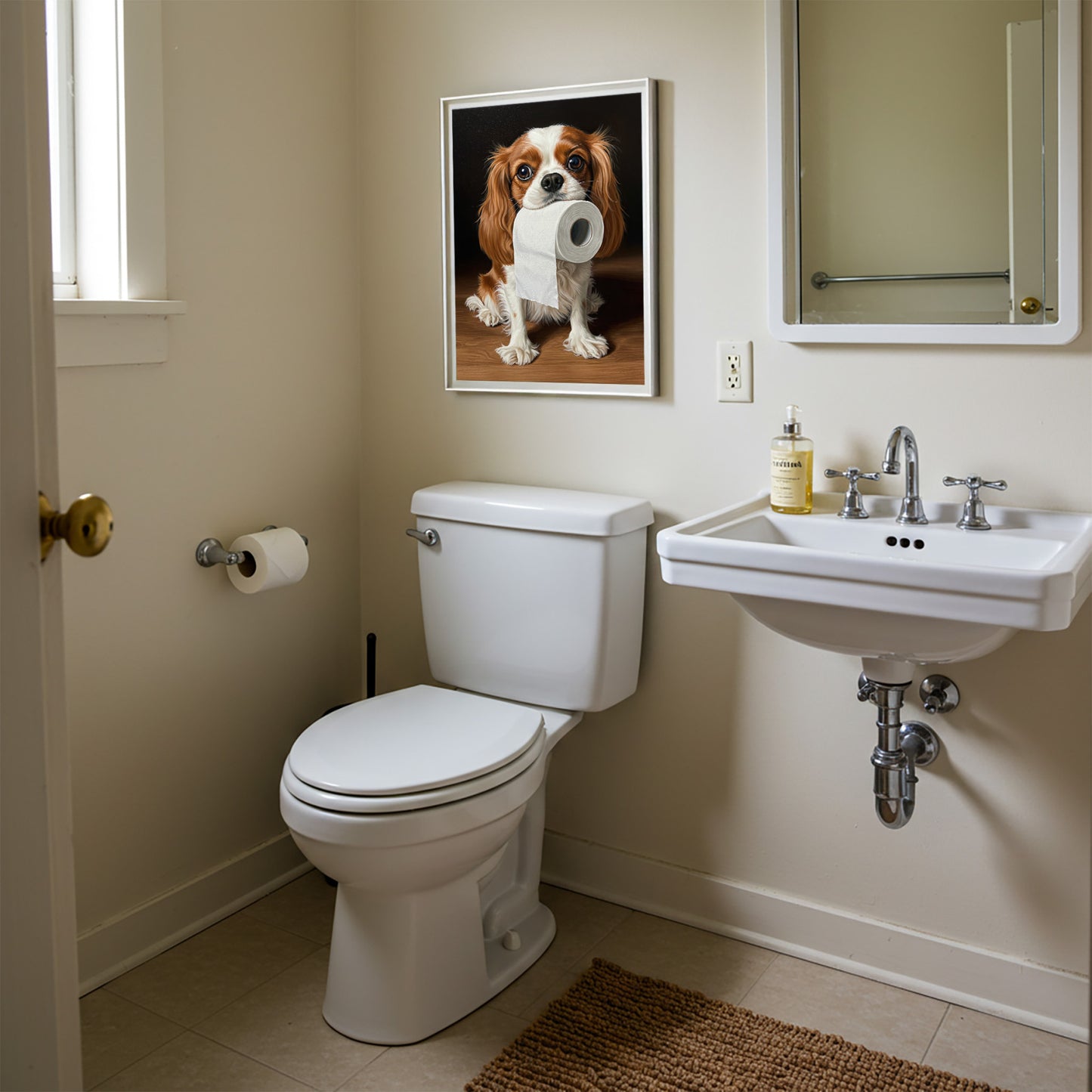 Cavalier King Charles Spaniel with toilet paper roll in mouth, Toilet Humor, CKCS Gifts, Bathroom Print, Dog Gift, WC Wall Art, Framed Print