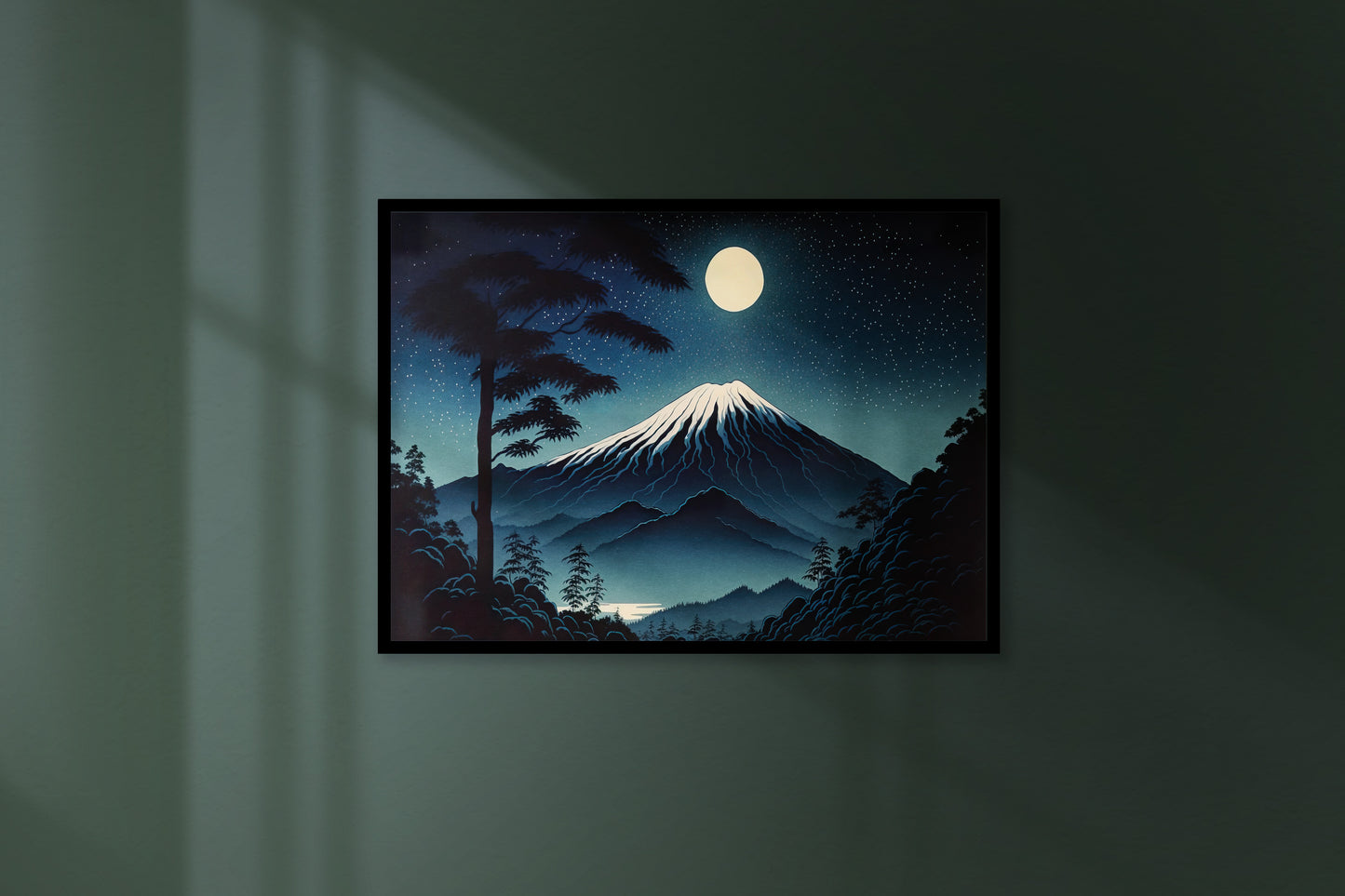 Mount Fuji Poster Under Full Moon - Japanese Art Style Illustration, Fujisan Landscape Wall Decor, Frameable Artwork