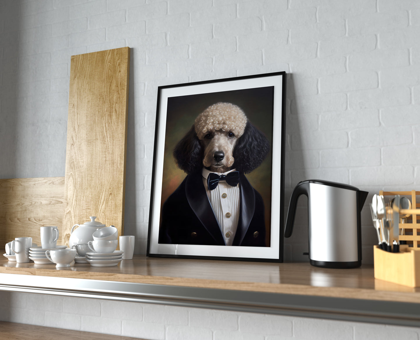 Chic Poodle in Tuxedo Poster – Elegant Dog Wall Art | Humorous Pet Portrait Print for Home Decor