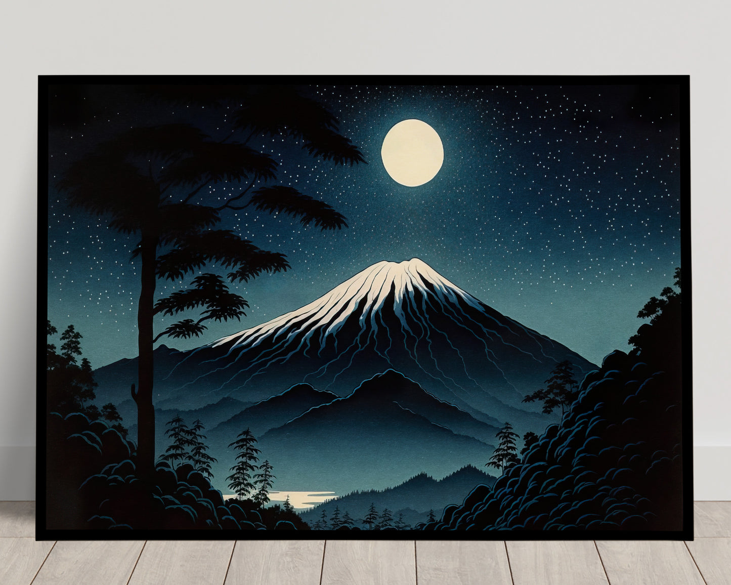 Mount Fuji Poster Under Full Moon - Japanese Art Style Illustration, Fujisan Landscape Wall Decor, Frameable Artwork
