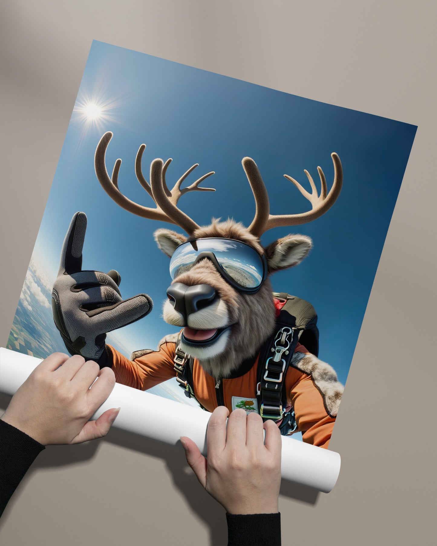 Poster Caribou Saut en Parachute - Affiche Murale Animal Extrême, Décor Sportif, Idée Cadeau Originale