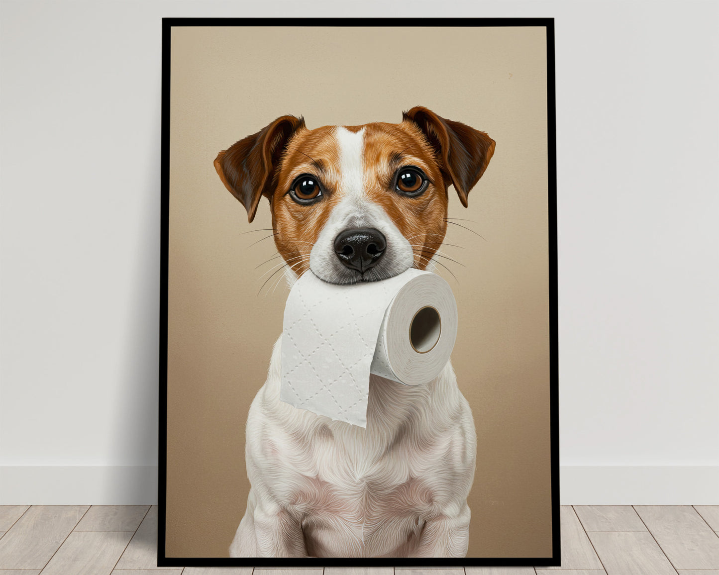 Jack Russell Terrier with toilet paper roll in mouth, Toilet Humor, JRT Gifts, Bathroom Print, Dog Lover Gift, WC Wall Art, Framed Print