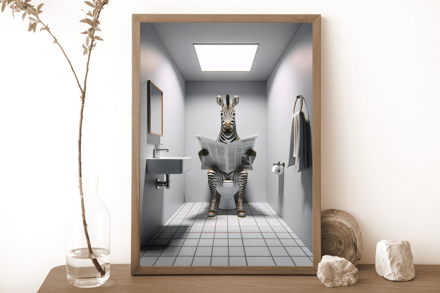 Zebra Reading Newspaper on Toilet Poster - Funny Bathroom Decor | Unique Wall Art & Gag Gift | WC Toilet Poster