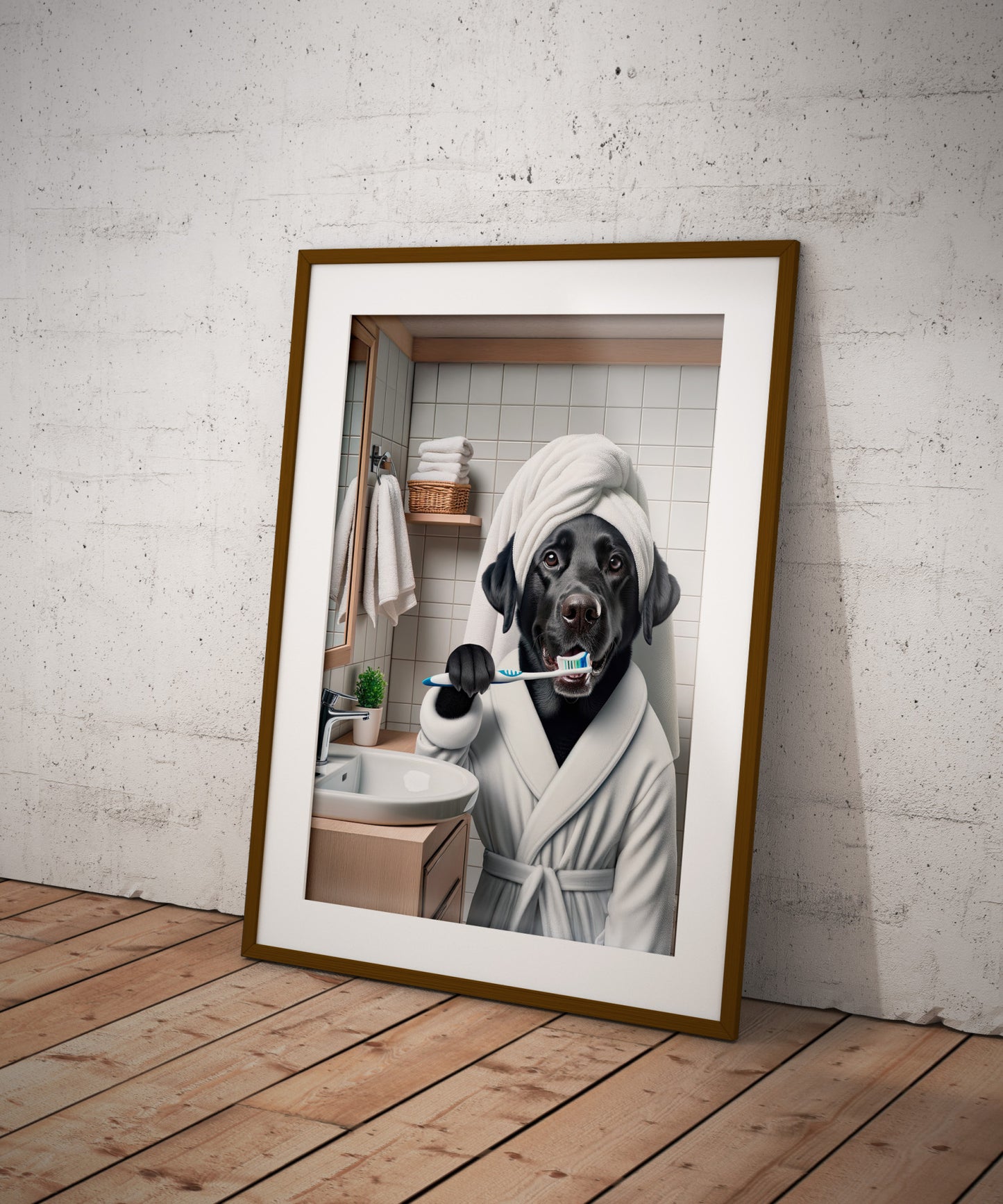 Portrait of a Labrador Brushing Teeth in Bathrobe – Funny Dog Bathroom Decor, Cute Poster, Labrador Print, Labrador Gift, Framed art