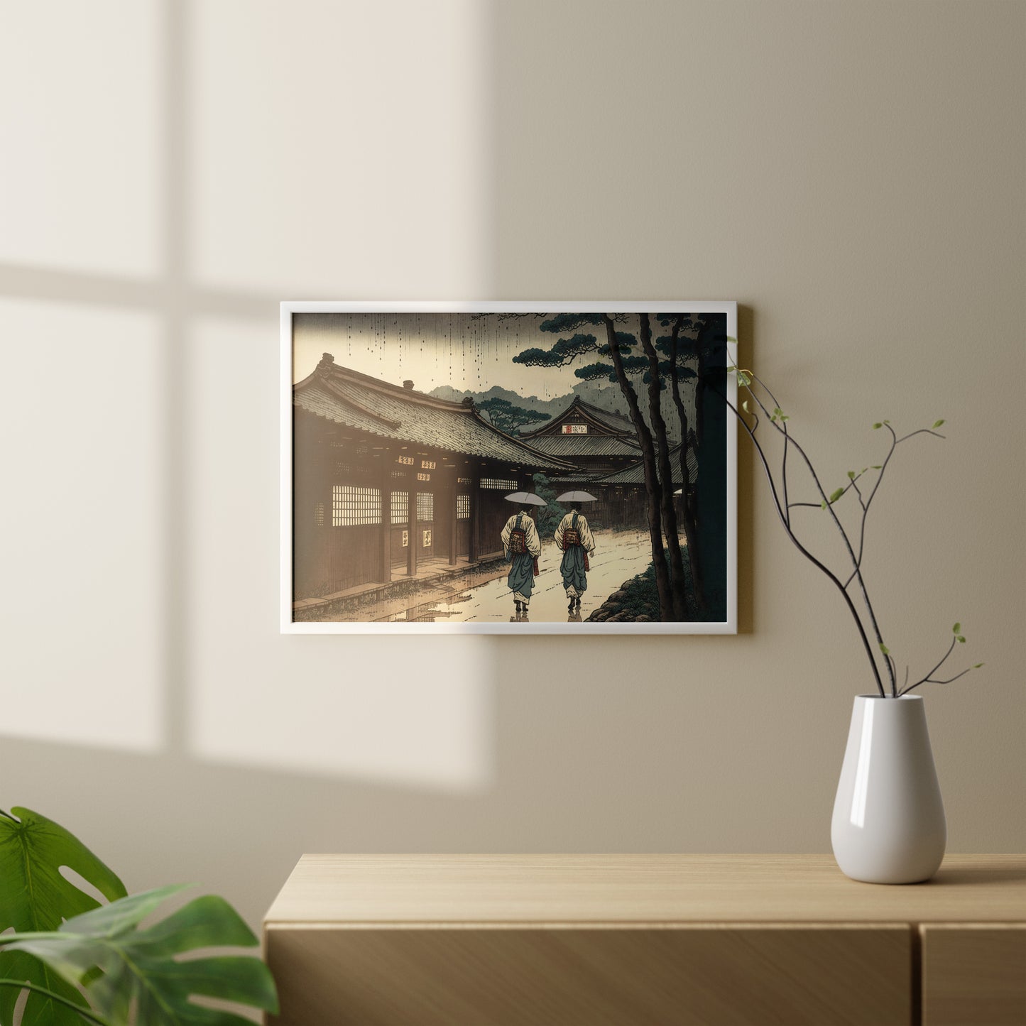 Japanese Village Wall Poster in the Rain – Japanese Art Style Illustration, Rainy Japan Poster for Framing, Home Decor