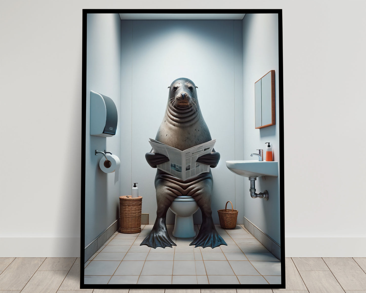 Funny Bathroom Wall Art Poster - Seal Reading Newspaper on Toilet | Unique WC Decor | Humorous Gift Idea