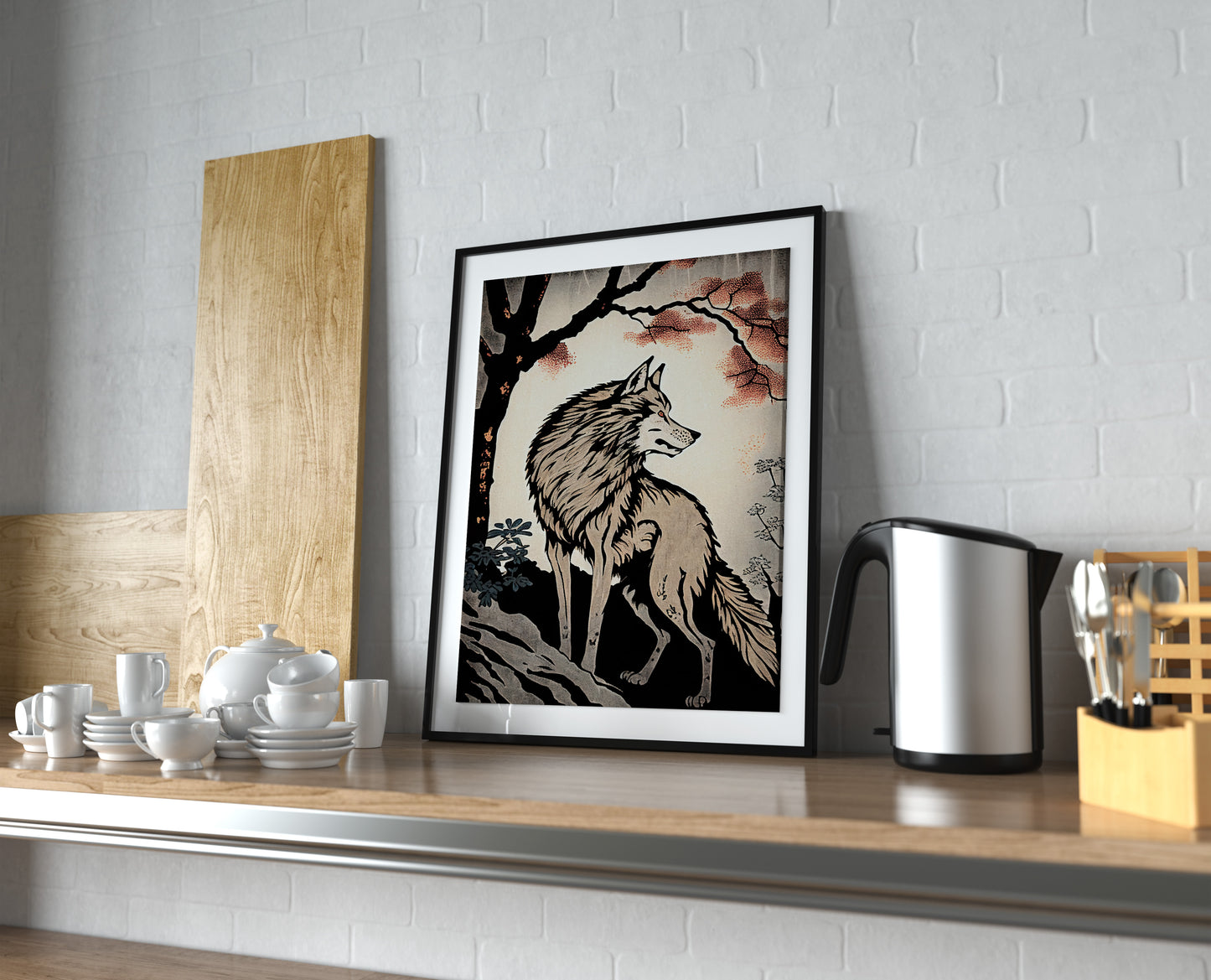 Japanese Wolf in Forest Poster - Ukiyo-e Style Wall Art, Japanese Illustration Print for Home Decor