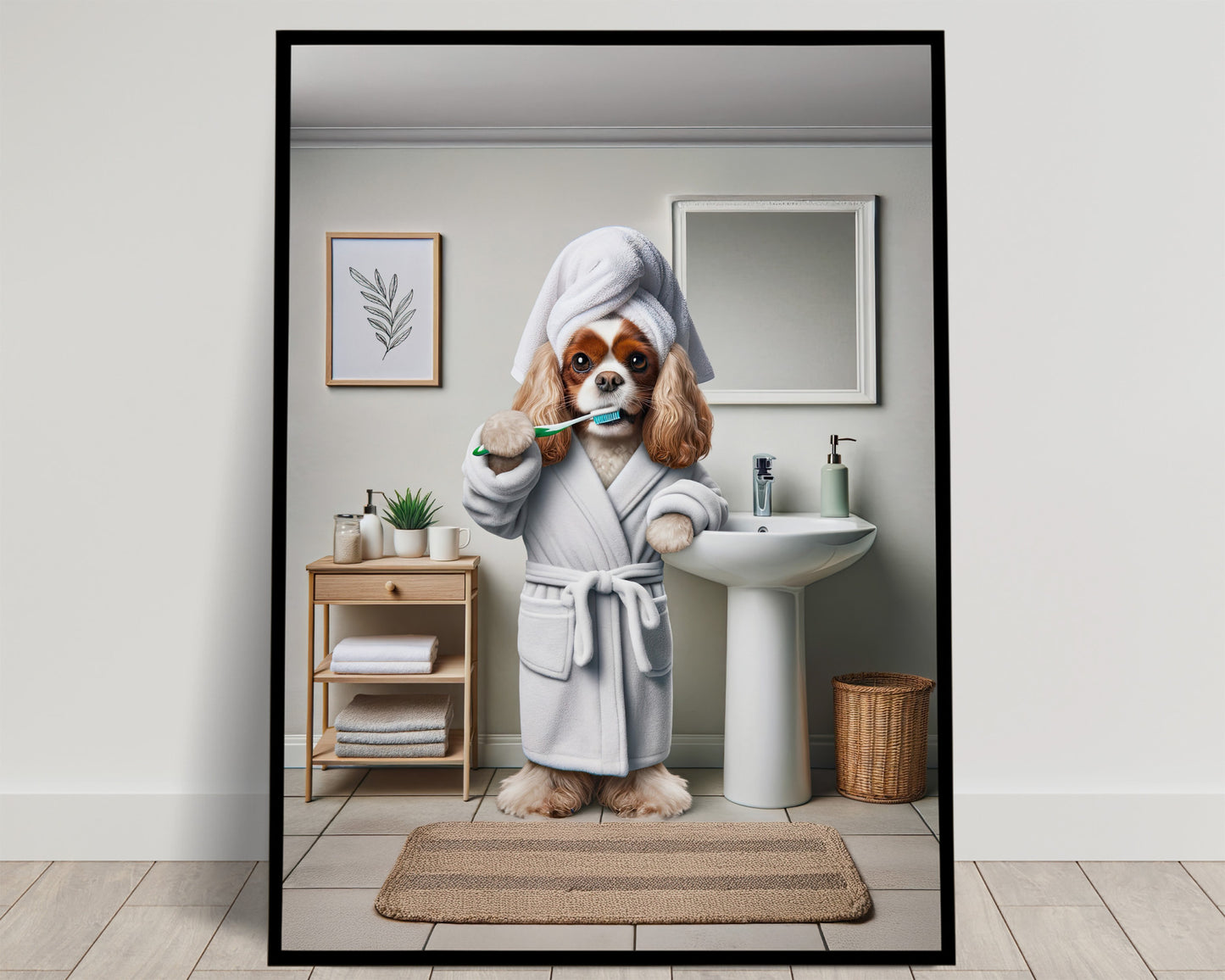 Portrait of a Cavalier King Charles Spaniel Brushing Teeth in Bathrobe – Funny Dog Bathroom Decor, Cute Poster, Gag Gift, Framed art
