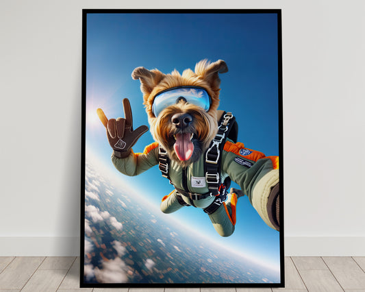 Epic Dog Poster: Skydiving Briard Wall Art | Unique Animal Print for Extreme Sports Decor & Dog Lovers