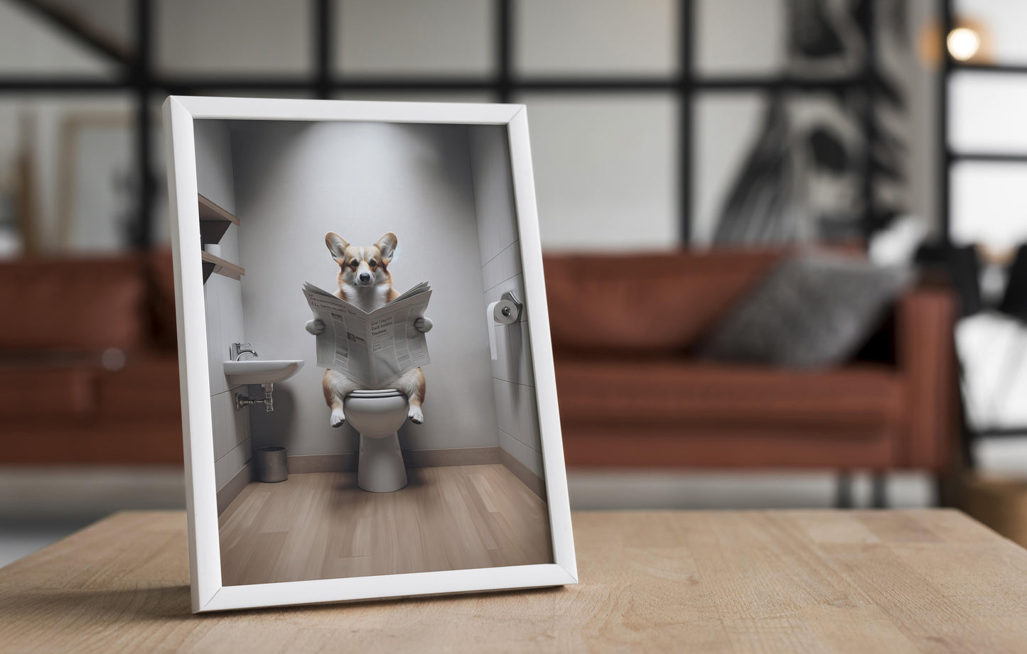 Funny Corgi Reading Newspaper Poster - Unique Bathroom Wall Art Decor - Humorous WC Toilet Gift
