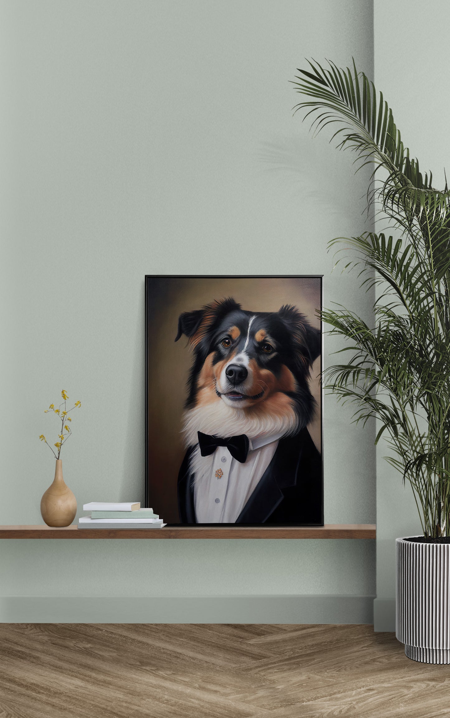 Poster Chien Chic - Portrait Berger Australien en Smoking, Tableau Humour, Décoration Murale