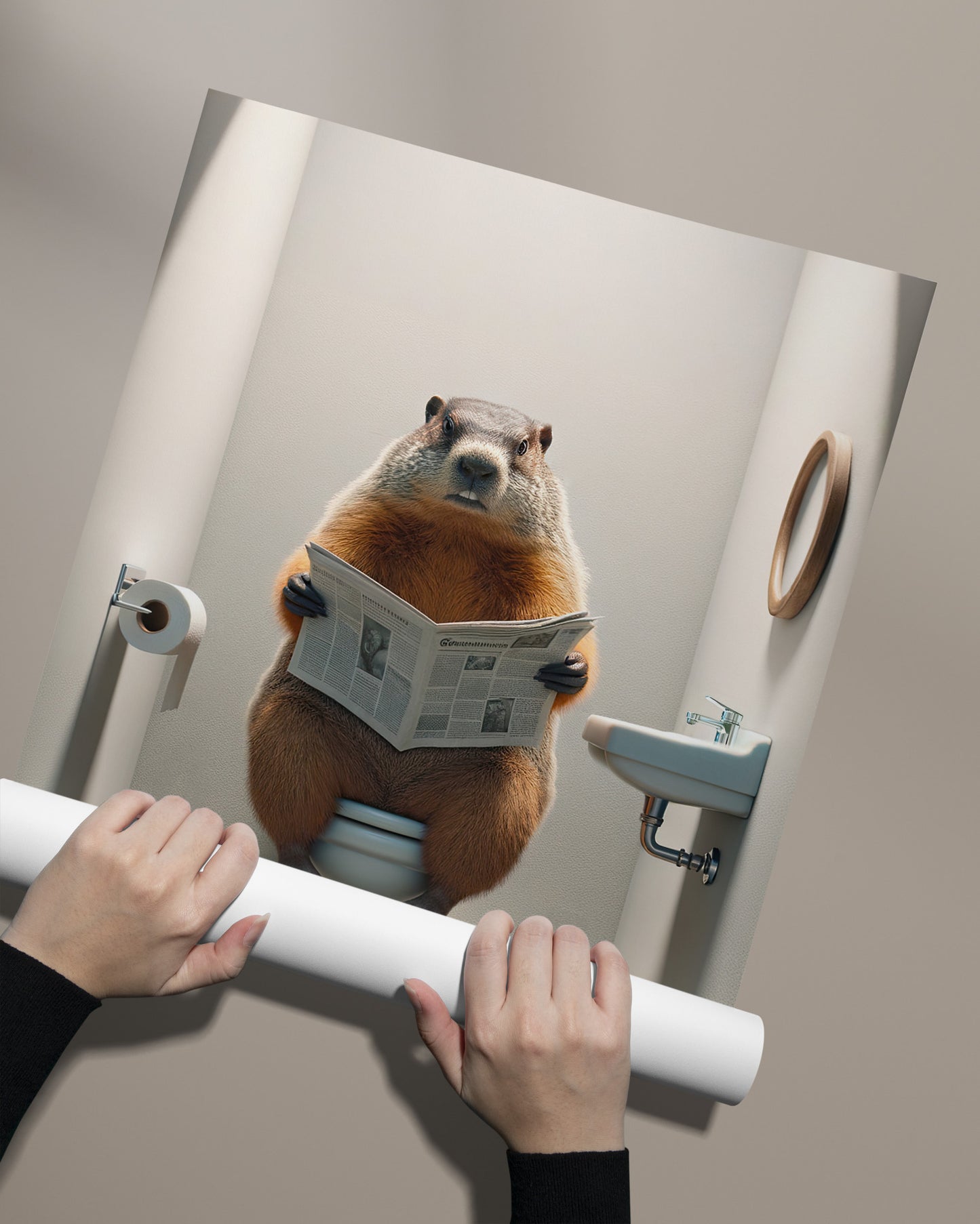 Groundhog Reading Newspaper Poster - Funny Bathroom Wall Art Decor, Unique Gag Gift for Toilet or WC