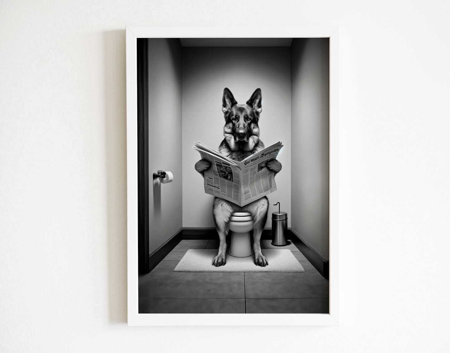 "German Shepherd Reading on Toilet Poster - Black & White Bathroom Wall Art - Fun WC Decor - Unique Gift"