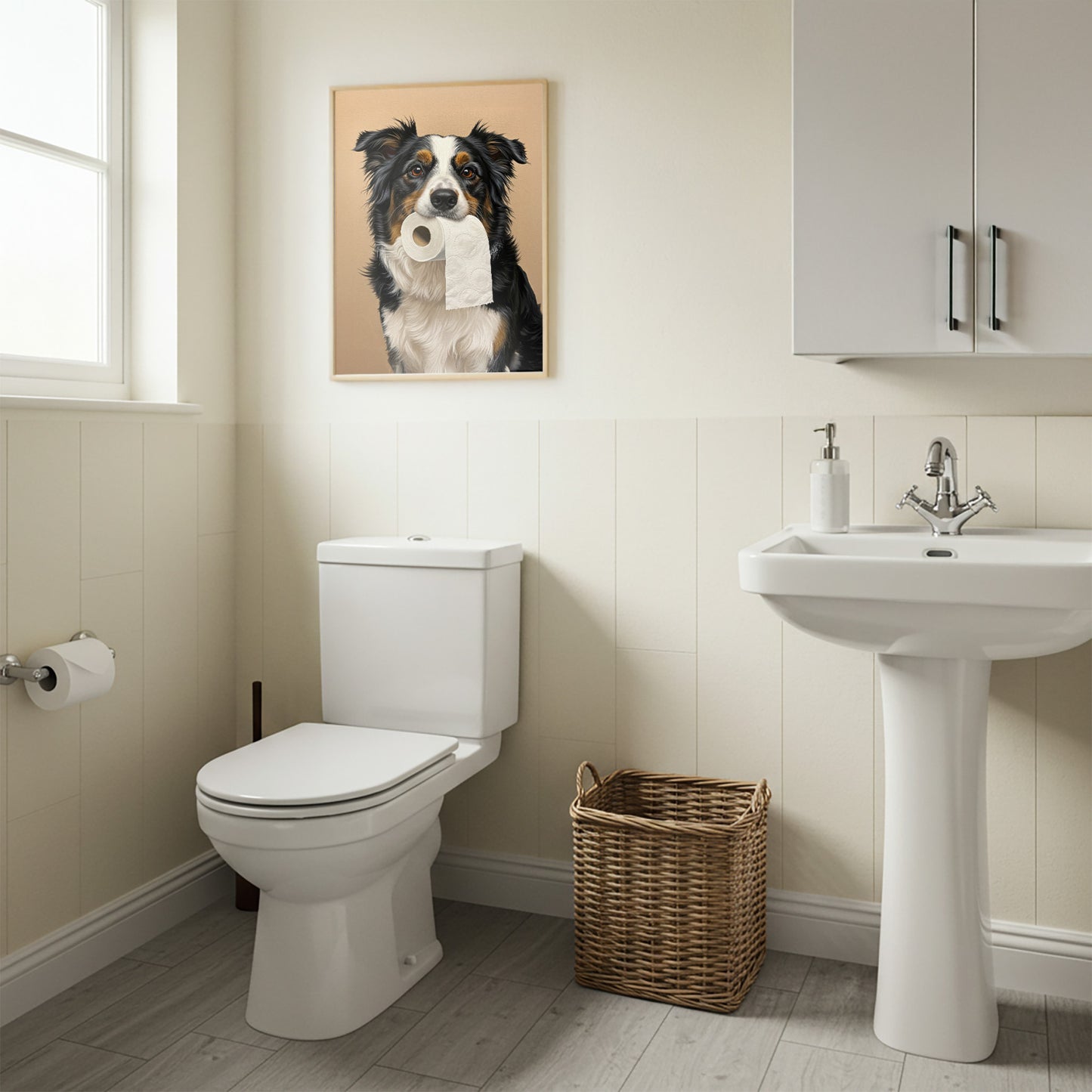 Border Collie with toilet paper roll in mouth, Toilet Humor, Border Gifts, Bathroom Print, Dog Lover Gift, WC Wall Art, Framed Print