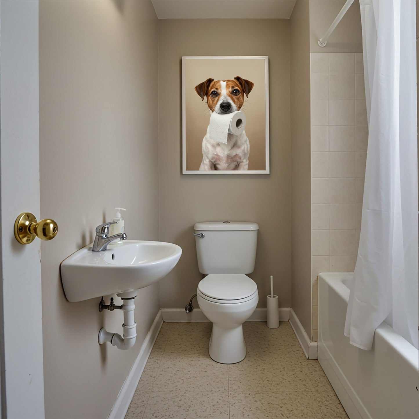 Jack Russell Terrier with toilet paper roll in mouth, Toilet Humor, JRT Gifts, Bathroom Print, Dog Lover Gift, WC Wall Art, Framed Print