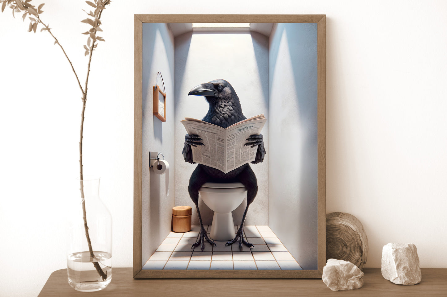 Poster Humour Corneille lisant le journal sur toilettes, Décoration Salle de Bain, Cadeau Amusant, Art Mural WC