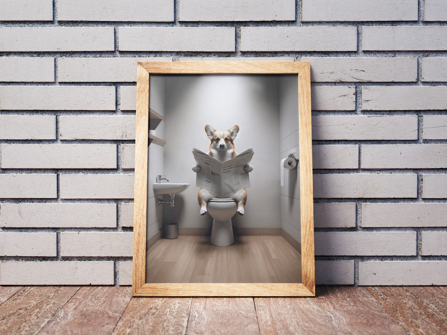 Funny Corgi Reading Newspaper Poster - Unique Bathroom Wall Art Decor - Humorous WC Toilet Gift

