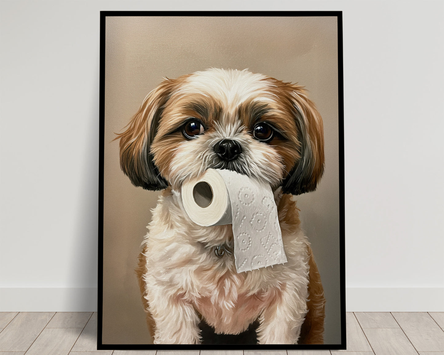 Shih Tzu mordant un rouleau de papier toilette, Humour Toilettes, Poster WC, Cadeau Shih Tzu, Affiche encadrée, Poster chien