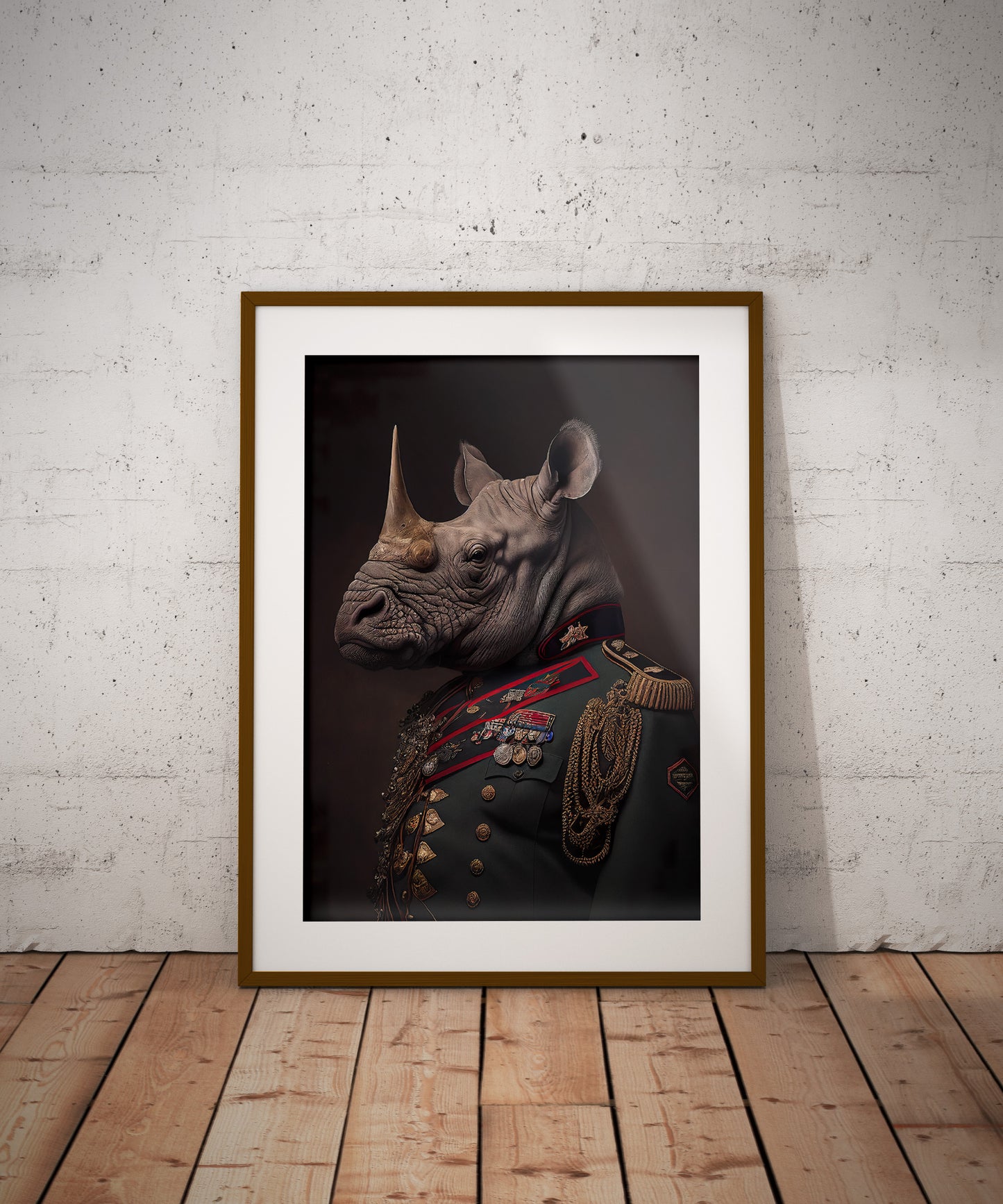 Rhino in Military Uniform Poster - Unique Animal Wall Art for Decoration, Rhinoceros Wall Poster for Framing