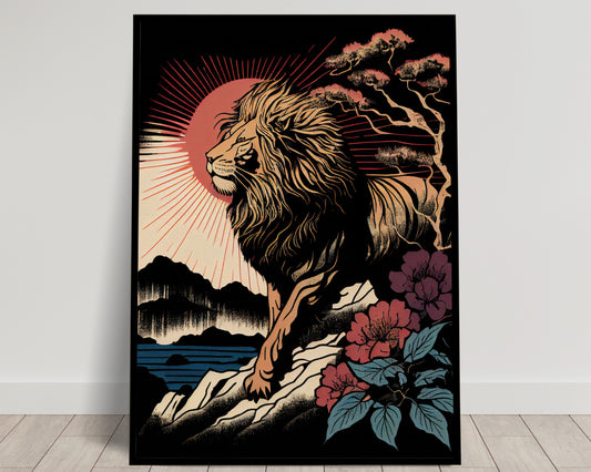 Japanese Lion Poster - Ukiyo-e Style Wall Art, Unique Lion Print, Japanese Wall Decoration