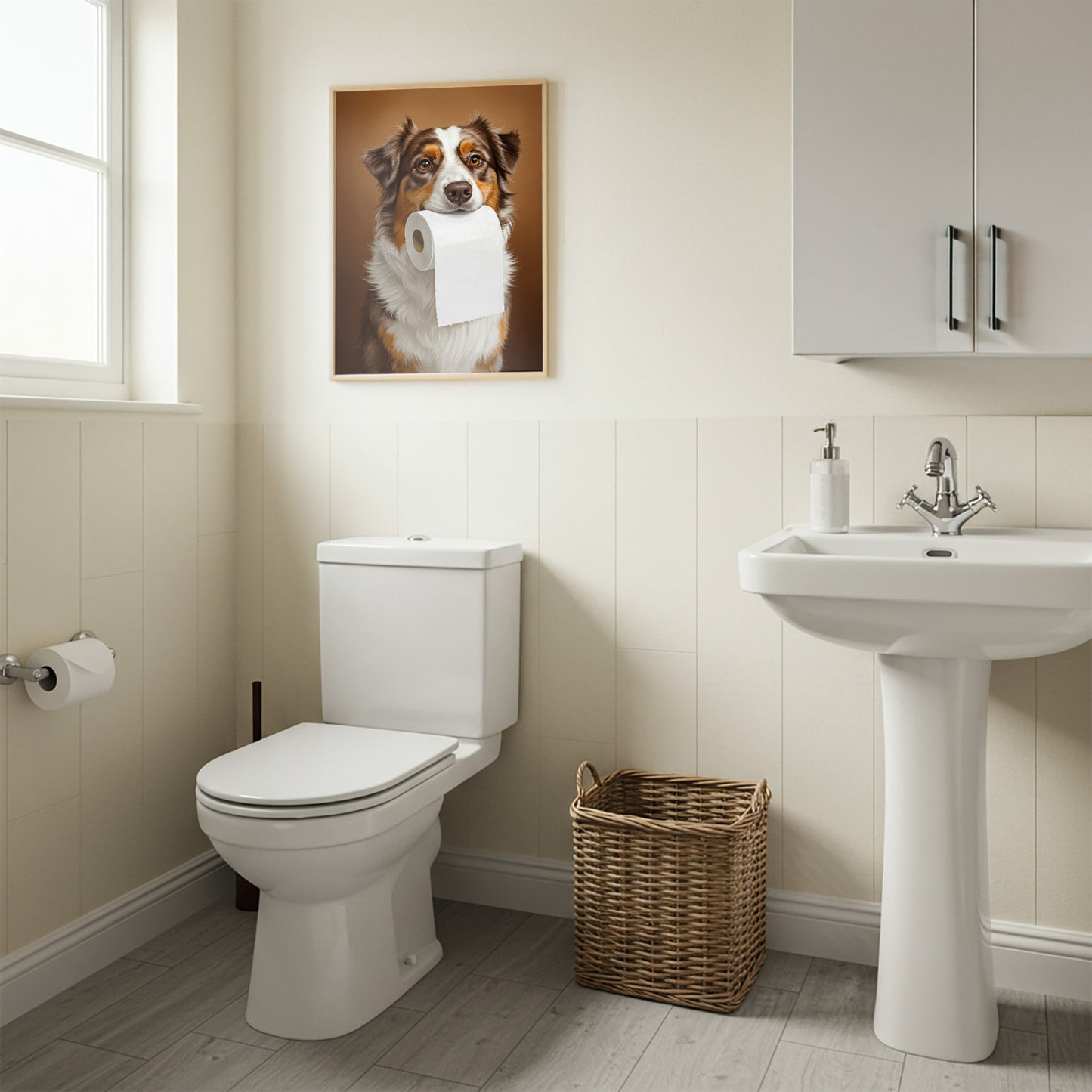 Berger australien mordant un rouleau de papier toilette, Humour Toilettes, WC, Cadeau Berger australien, Affiche encadrée, Poster chien