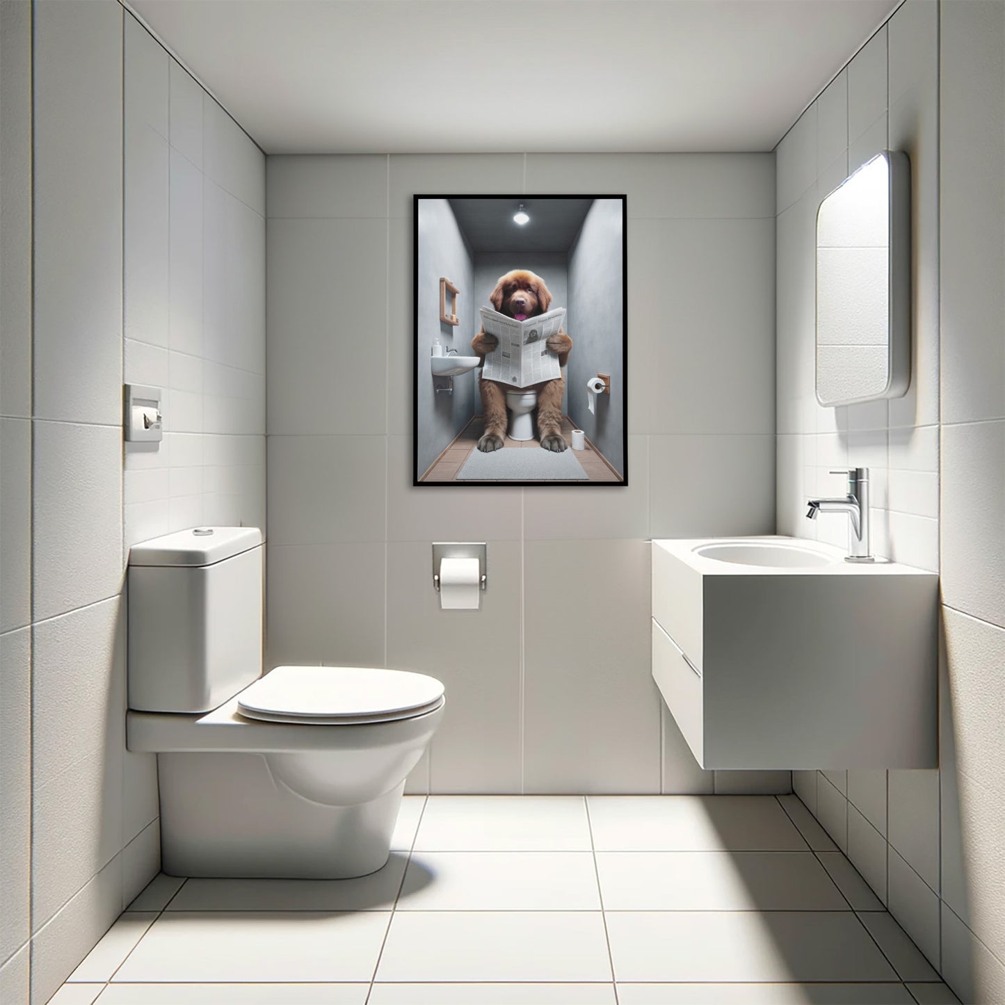 Funny Brown Newfoundland Dog Reading Newspaper Toilet Poster - Humorous Bathroom Wall Art Gag Gift for WC Decor