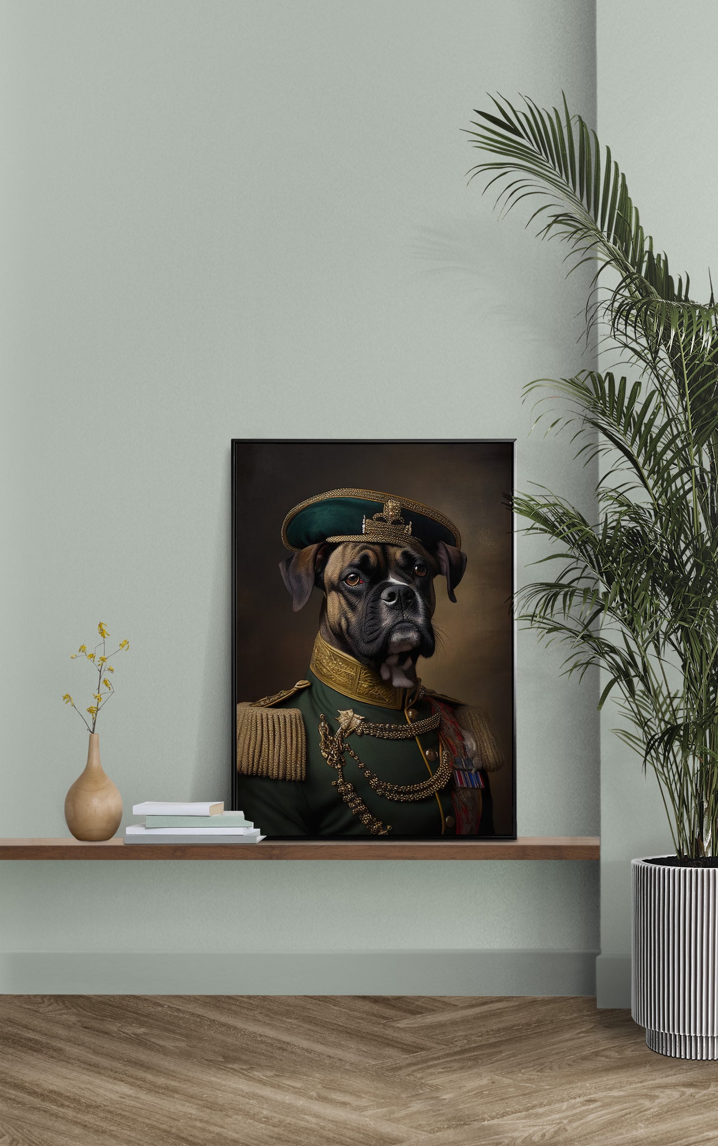 Heroic Boxer Dog Poster in Military Uniform – Animal Wall Art Decoration to Frame for Home Decor