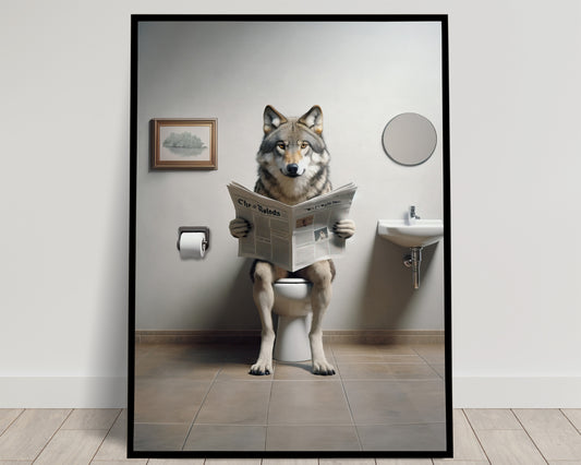 Poster Loup Lisant le Journal sur les Toilettes, Décoration Humoristique Salle de Bain, Cadeau Original, Affiche Murale WC