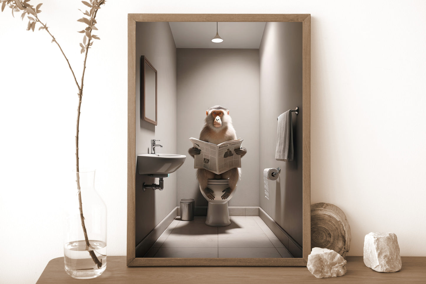 Funny Macaque Reading Newspaper Poster for Bathroom - Unique Wall Art & Gag Gift Decor for WC Toilet
