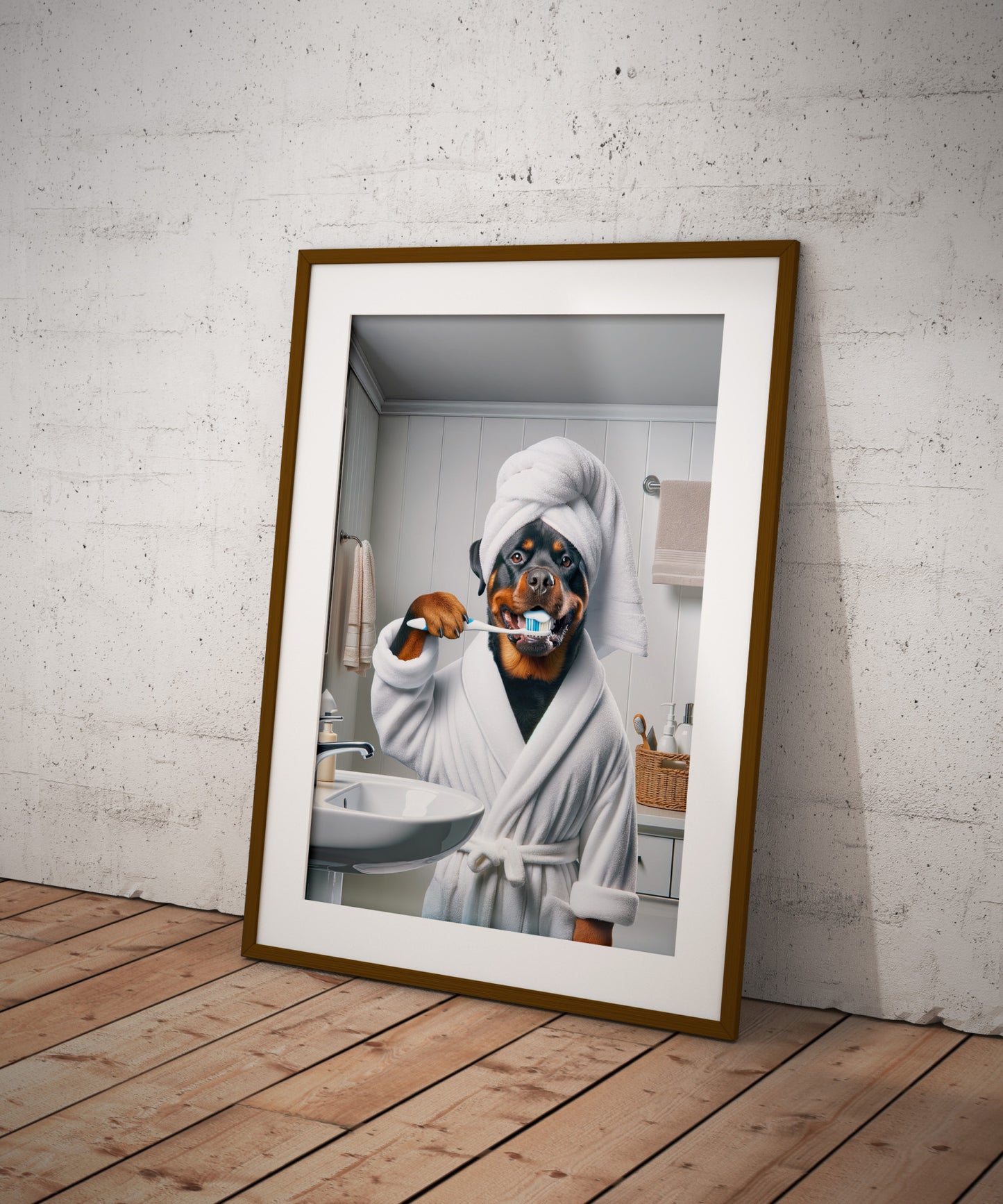 Portrait d'un Rottweiler se brossant les dents en peignoir, Cadre Salle de bain, Déco Humour, Poster SDB, Cadeau Fun, Affiche encadrée